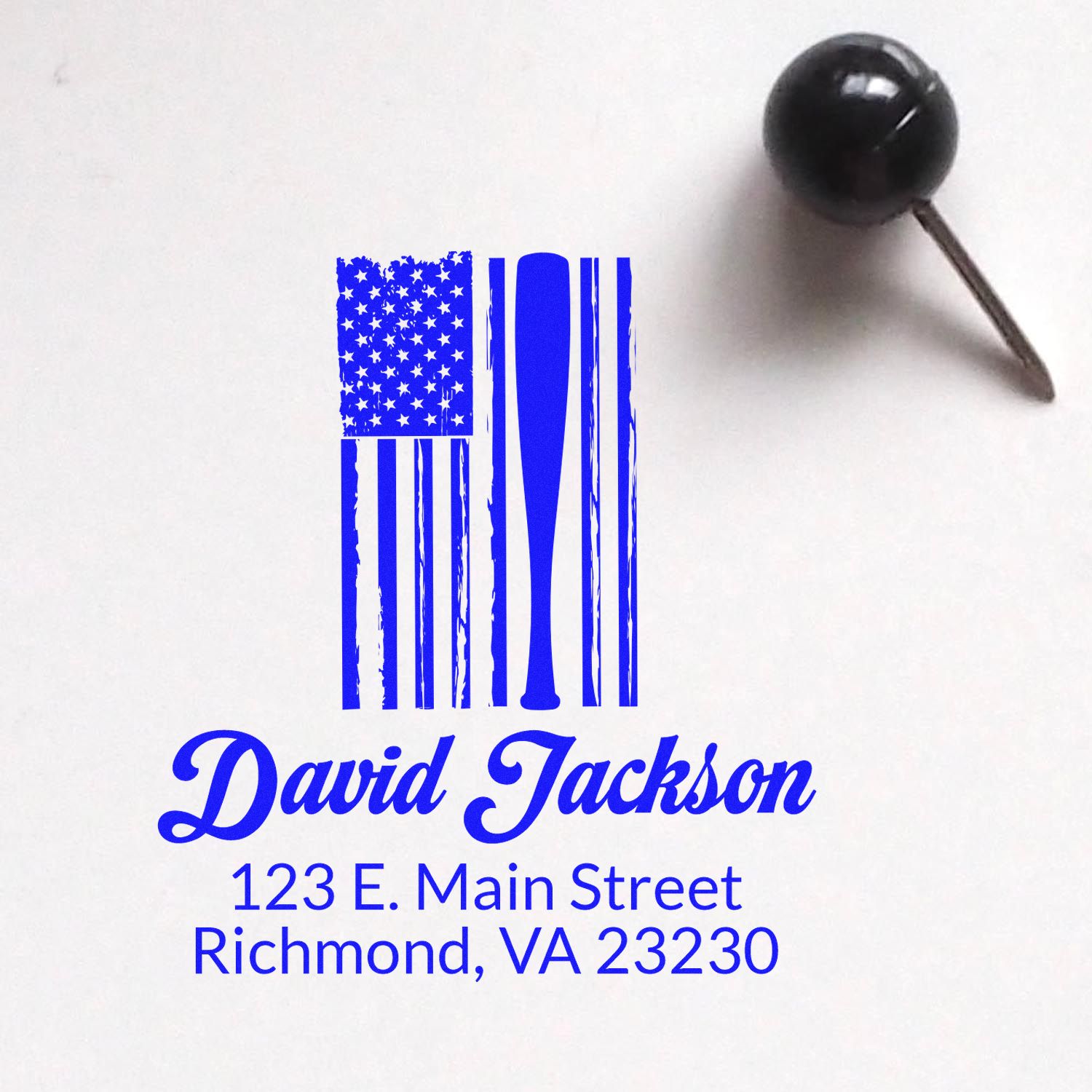 Personalized return address rubber stamp with patriotic flag design, David Jackson, Richmond, VA 23230