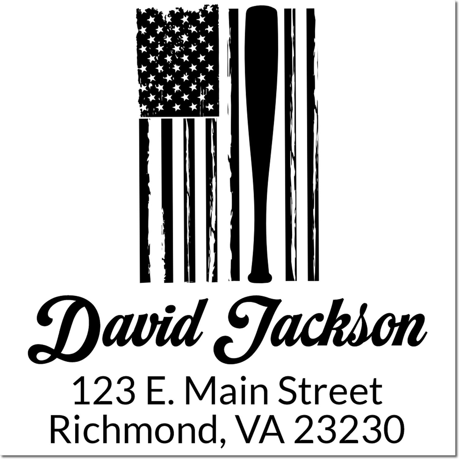 Custom address rubber stamp with distressed American flag, David Jackson, 123 E. Main Street, Richmond, VA 23230.