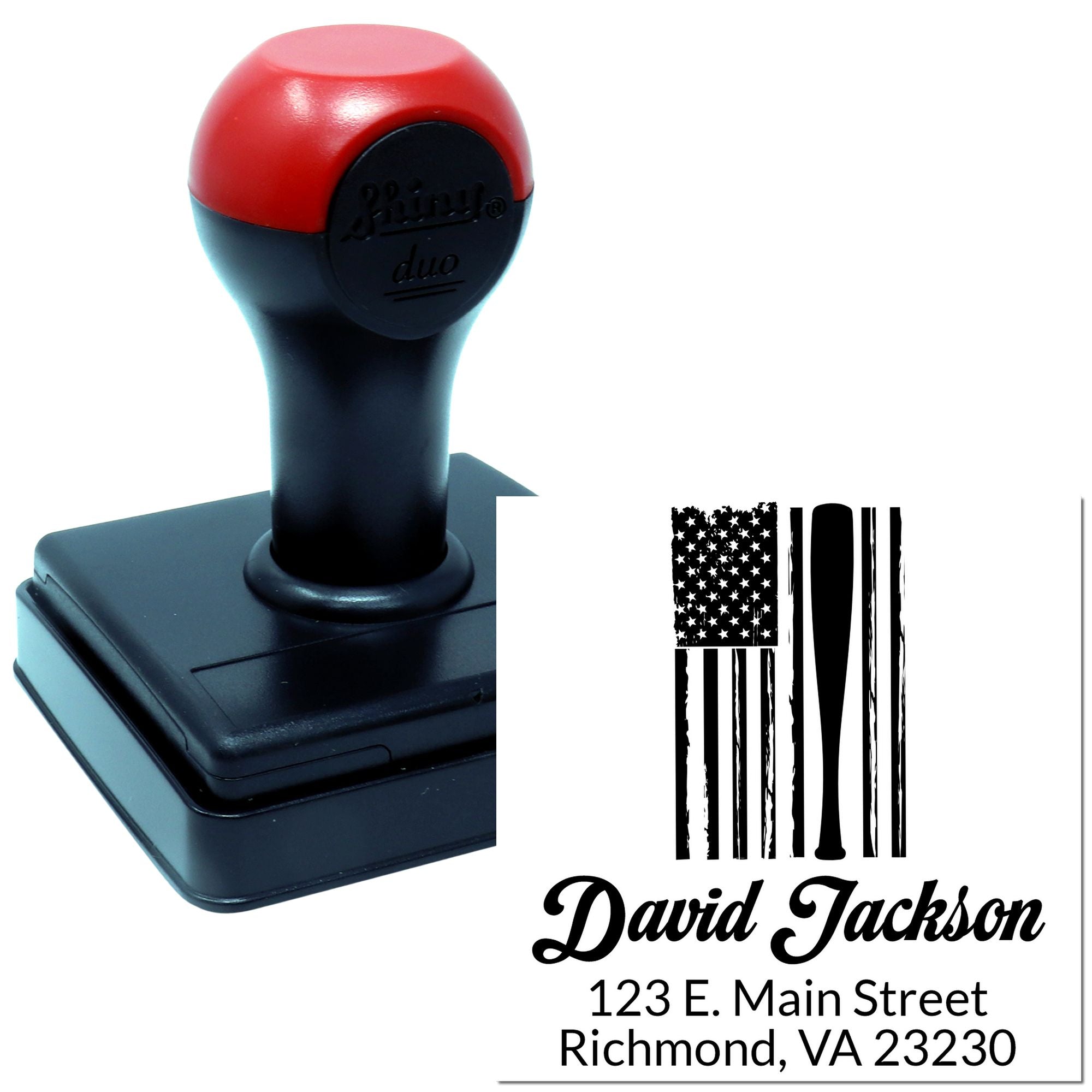 Custom self-inking rubber address stamp with patriotic American flag design, personalized name, and Richmond, VA return address.