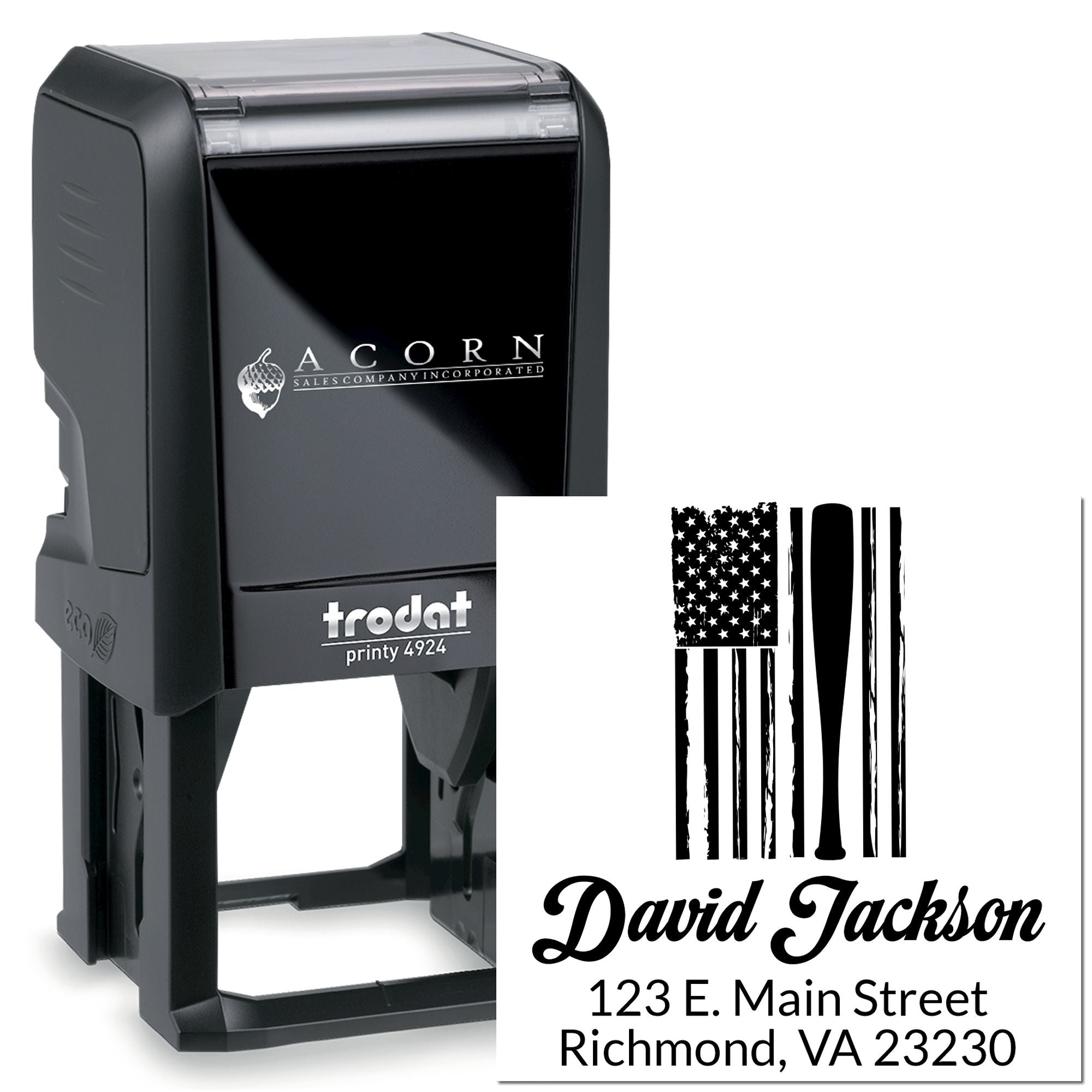 Custom self-inking rubber stamp with patriotic flag design, name, and return address for mailing and branding