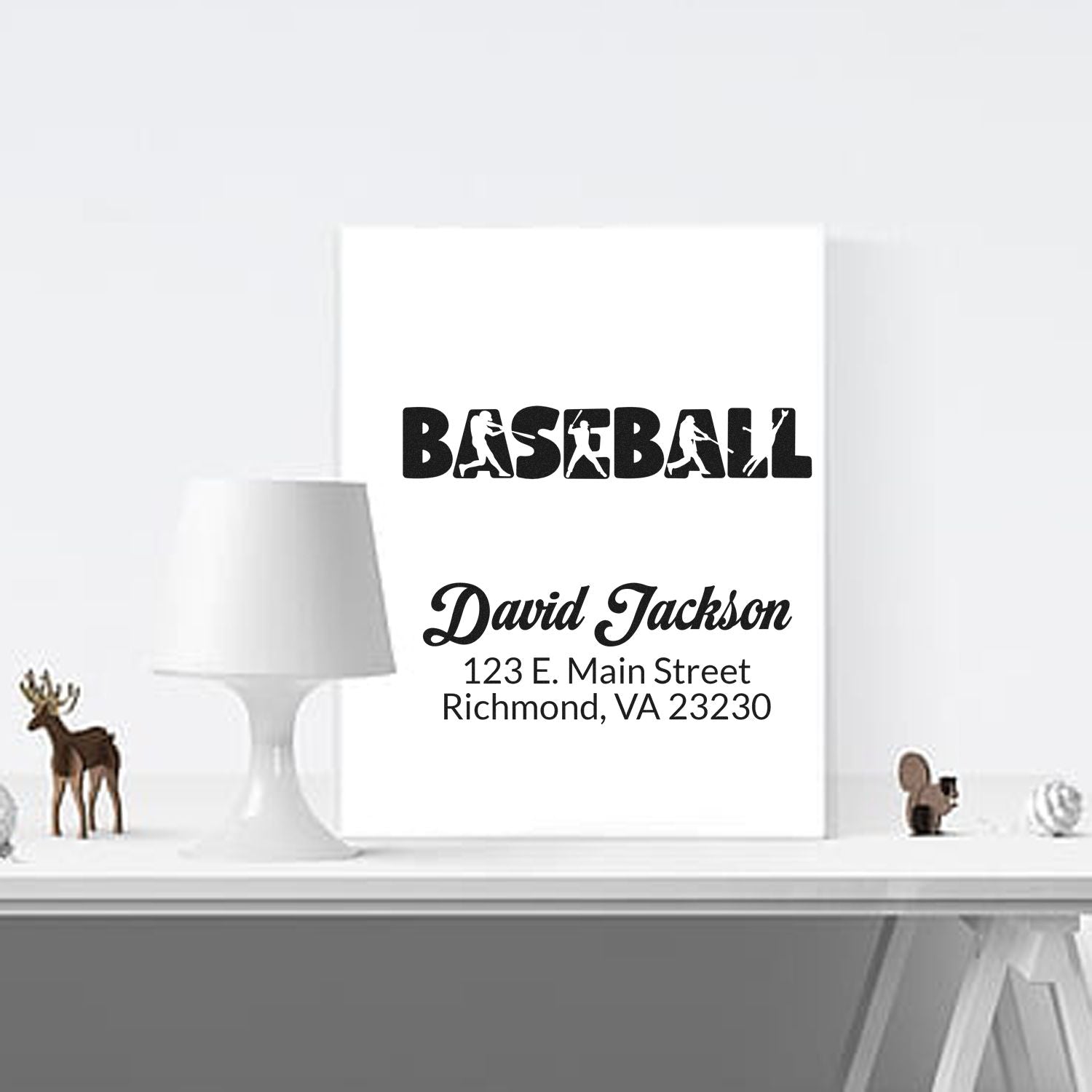 Custom baseball return address rubber stamp mockup with David Jackson name and Richmond, VA address