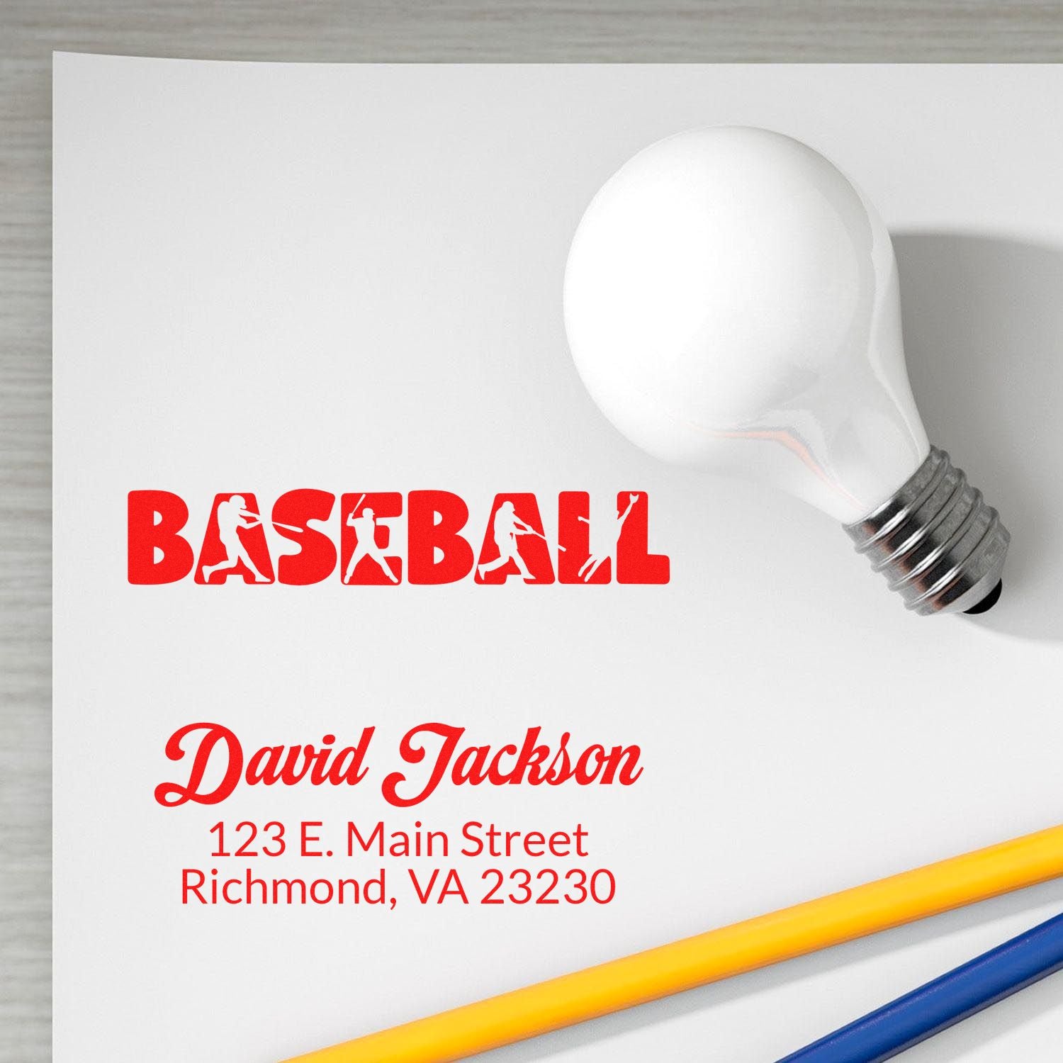 Custom baseball-themed return address rubber stamp with name and Richmond, VA address for personalized mailing.