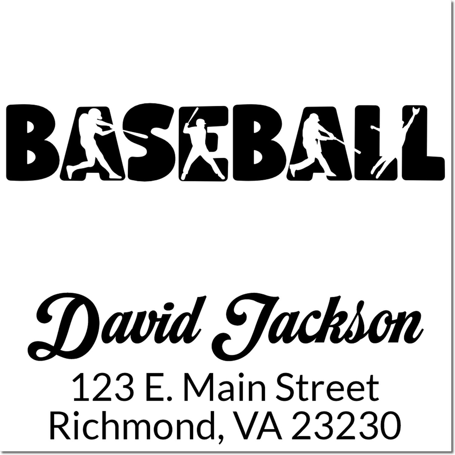 Custom baseball rubber stamp design with player silhouettes and personalized name and address, ideal for sports stationery.