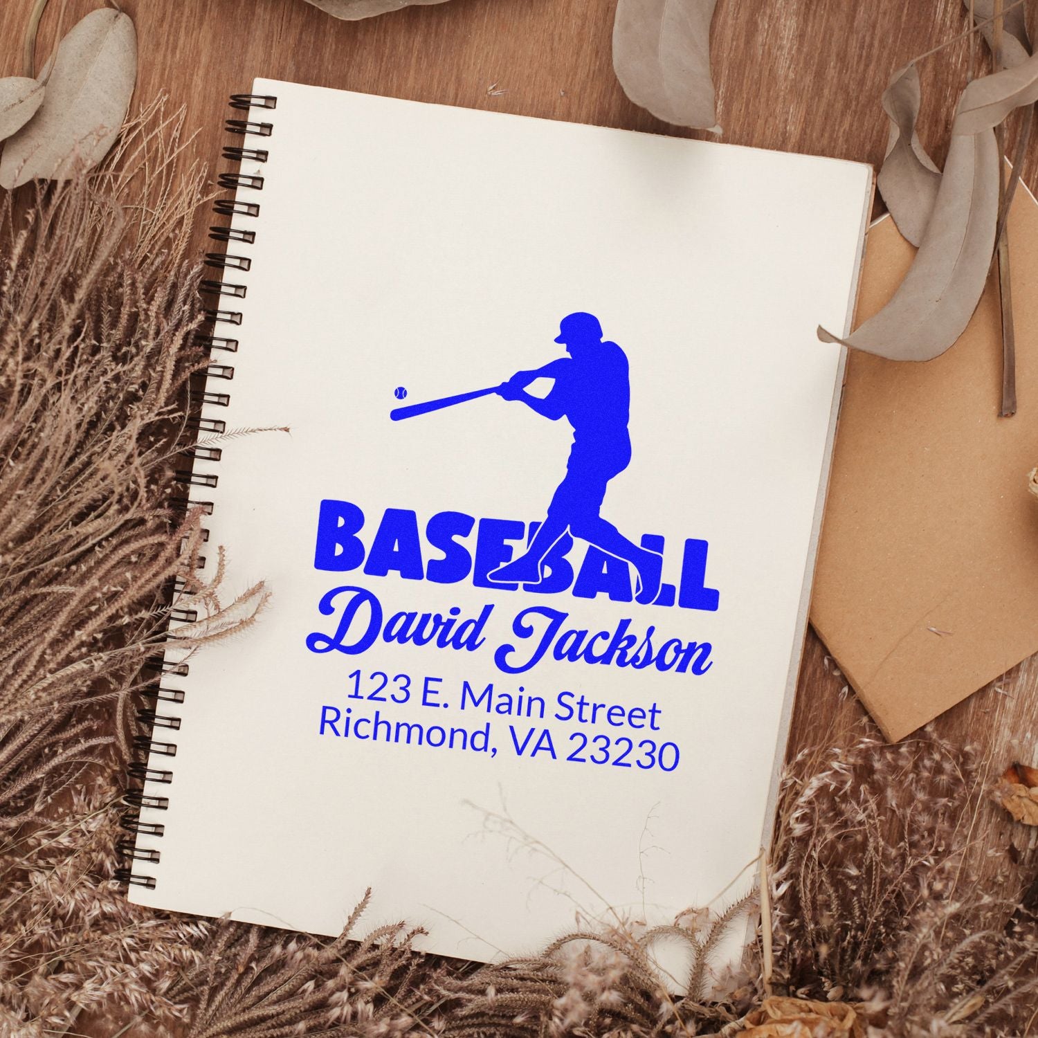 Custom baseball rubber stamp for David Jackson with player silhouette, name, and address for personalized stationery.