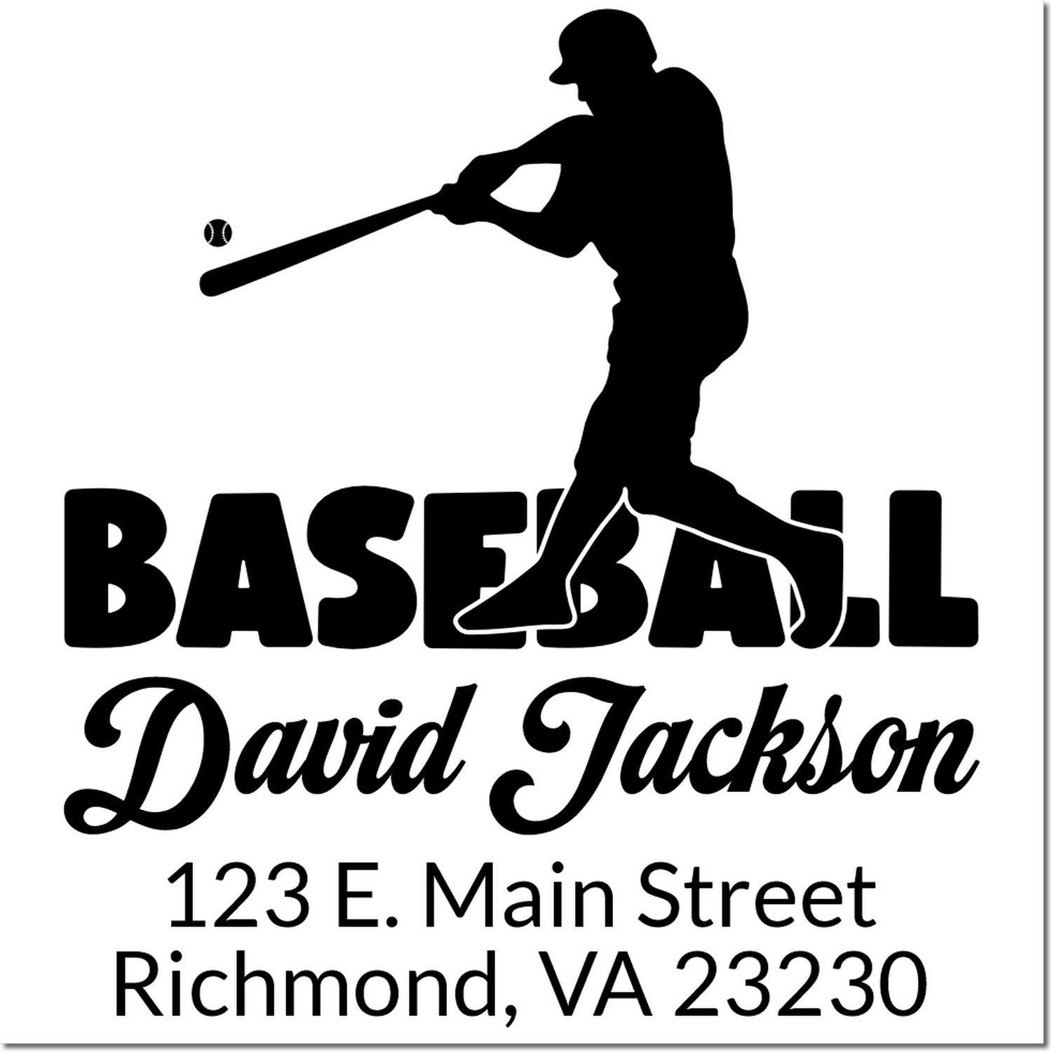 Custom baseball rubber stamp design with batter silhouette, David Jackson name, and Richmond, VA return address.