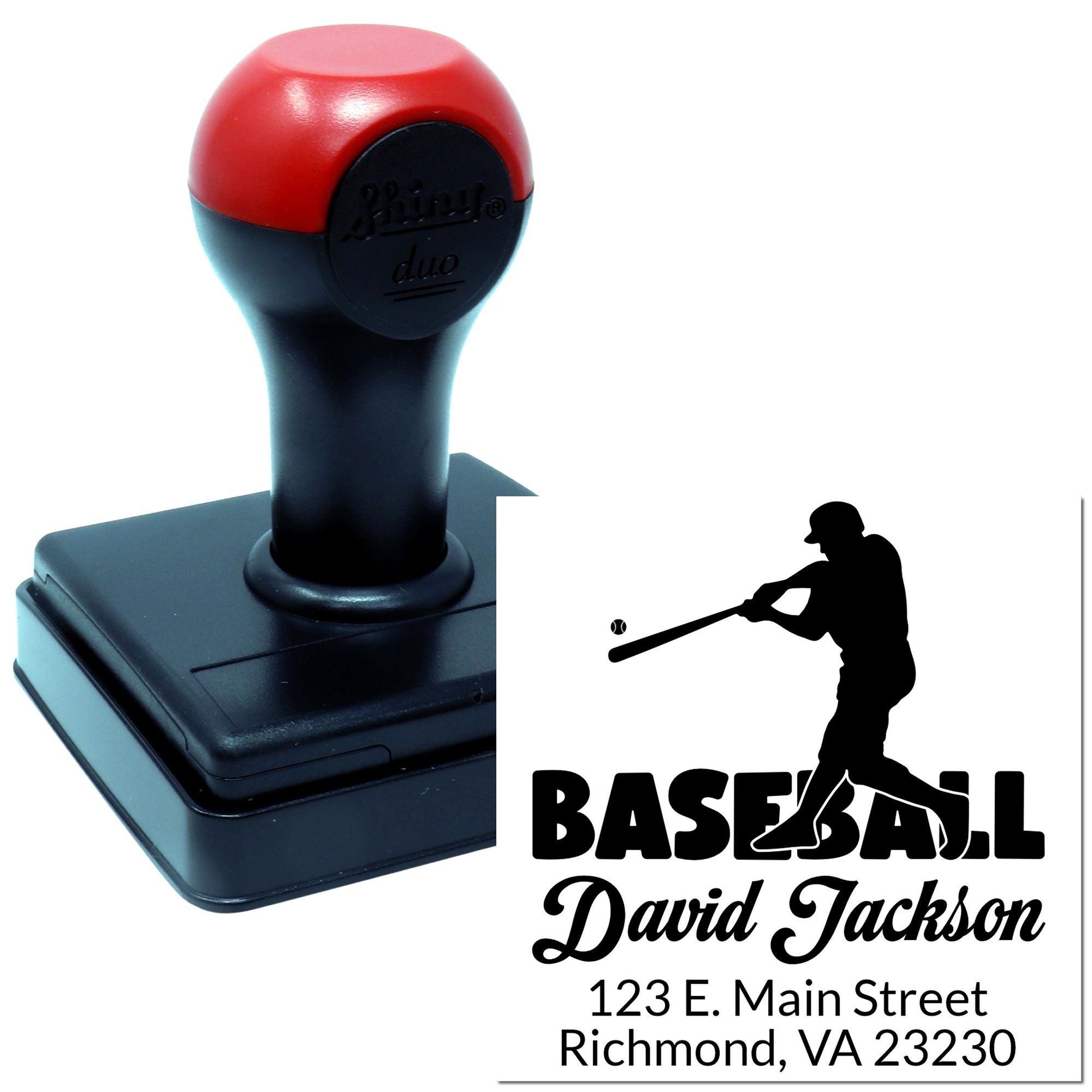 Custom baseball self-inking rubber stamp with player silhouette, name, and address for personalized sports fan or return mail use.