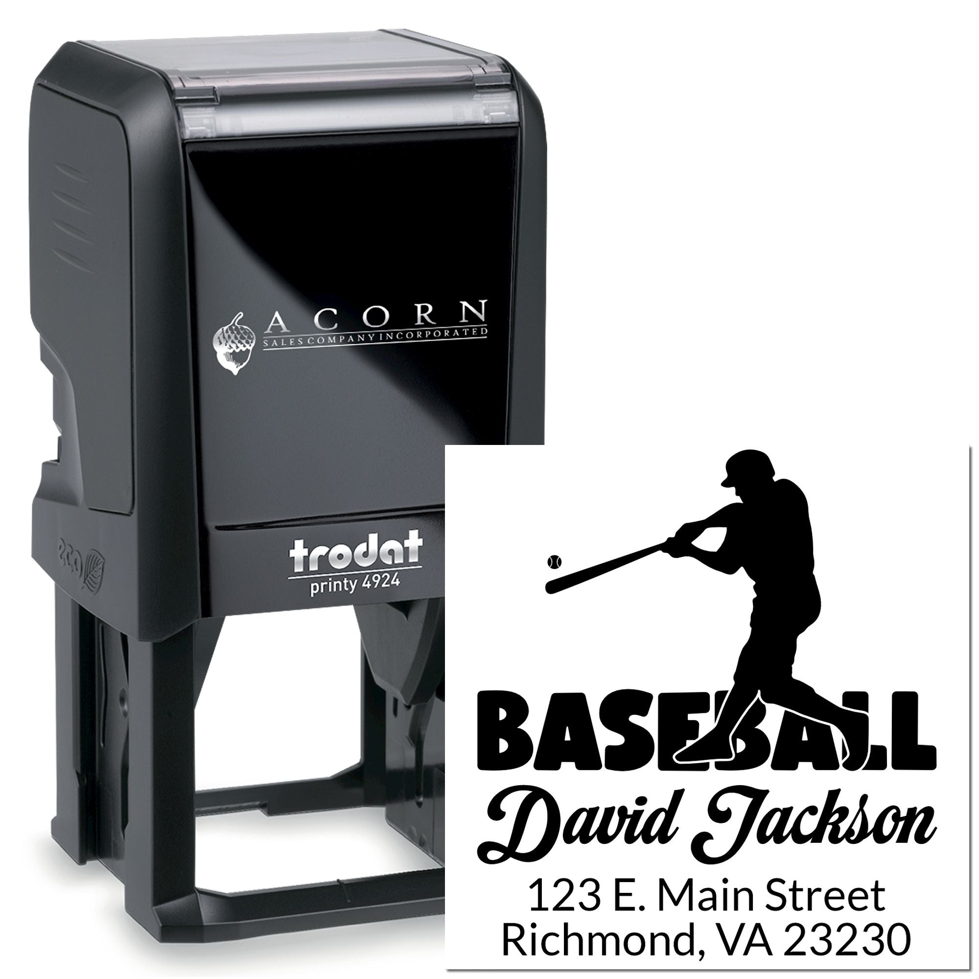 Custom baseball self-inking rubber stamp for personalized name, address, and sports branding.