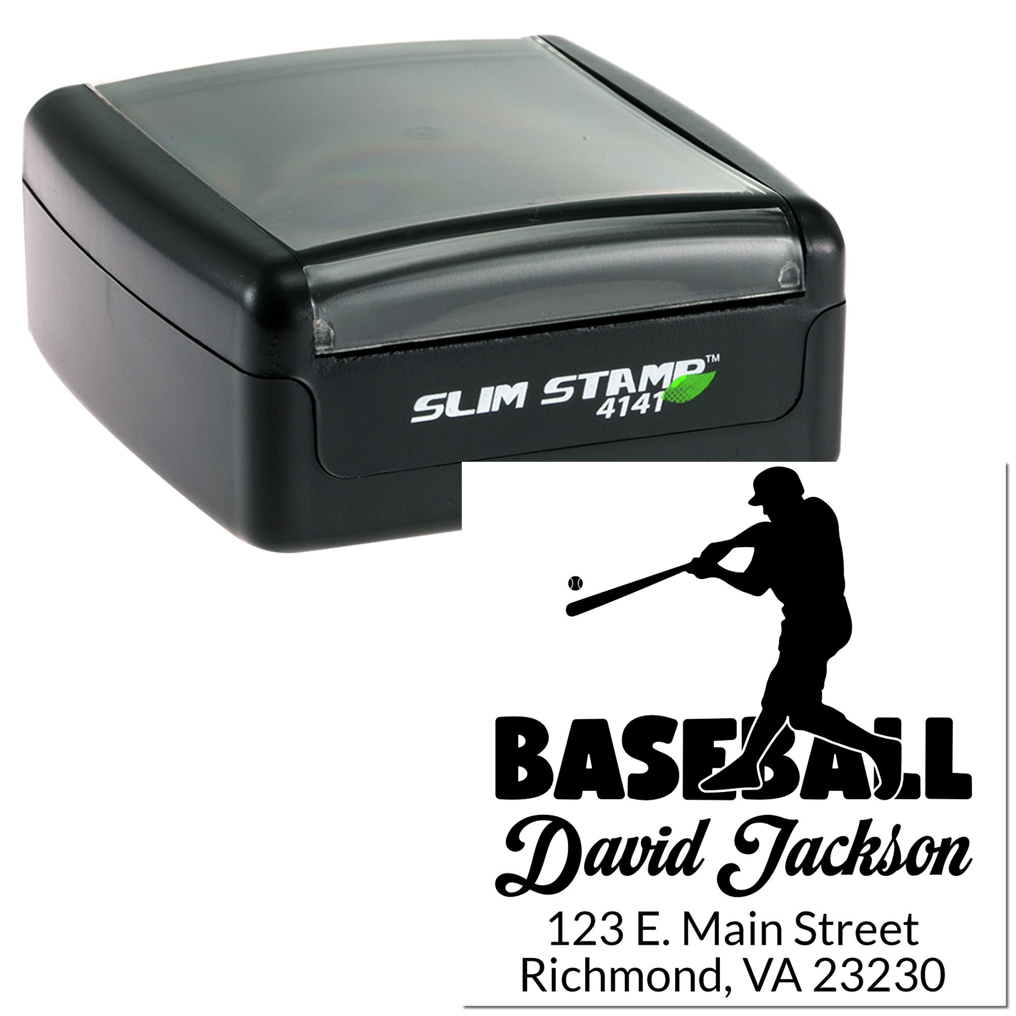Custom baseball self-inking rubber stamp featuring player silhouette, David Jackson name, and Richmond, VA address.
