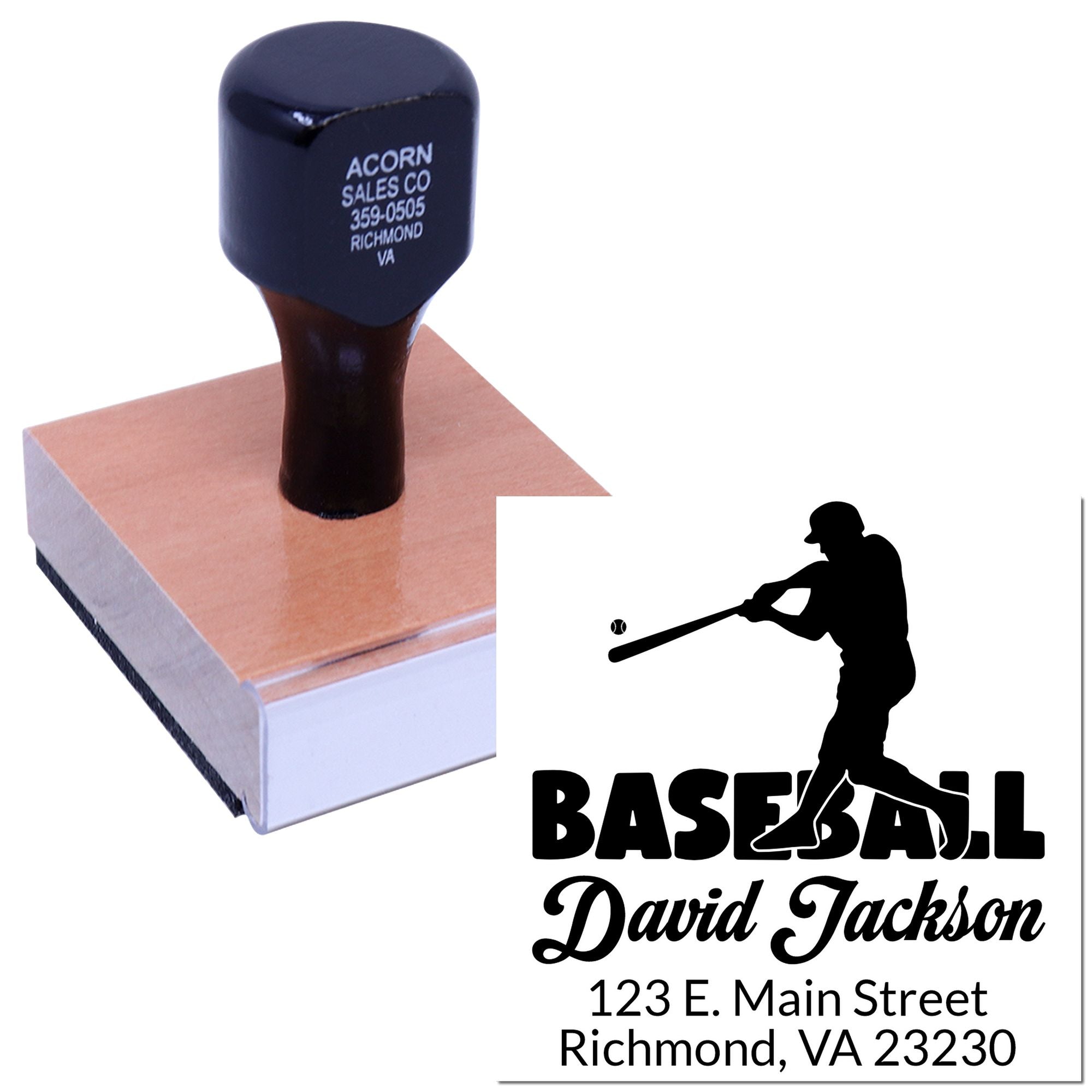 Custom baseball return address rubber stamp showing a batter silhouette, name, and Richmond, VA address.