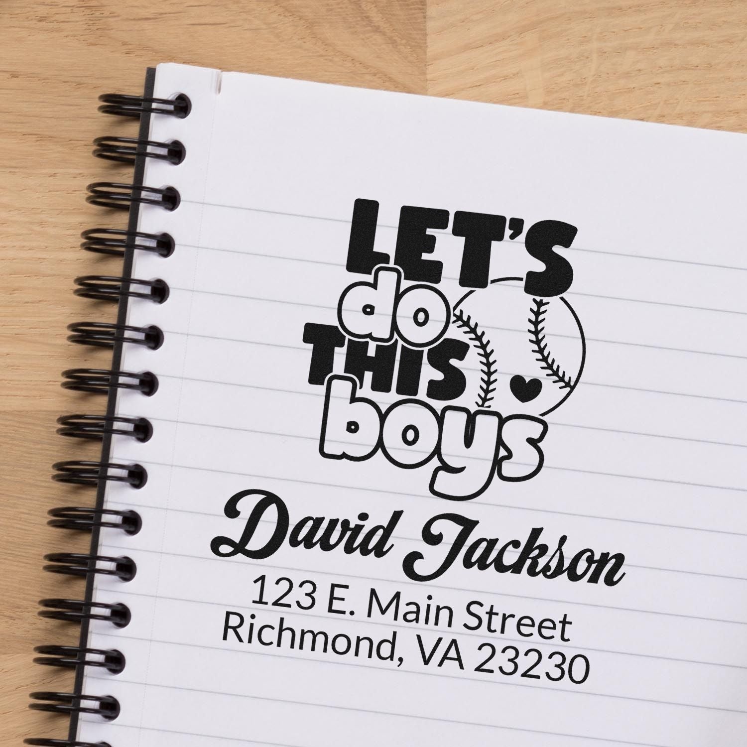 Custom baseball rubber stamp proof with Lets do this boys, personalized name, and address for a boys sports-themed address stamp.