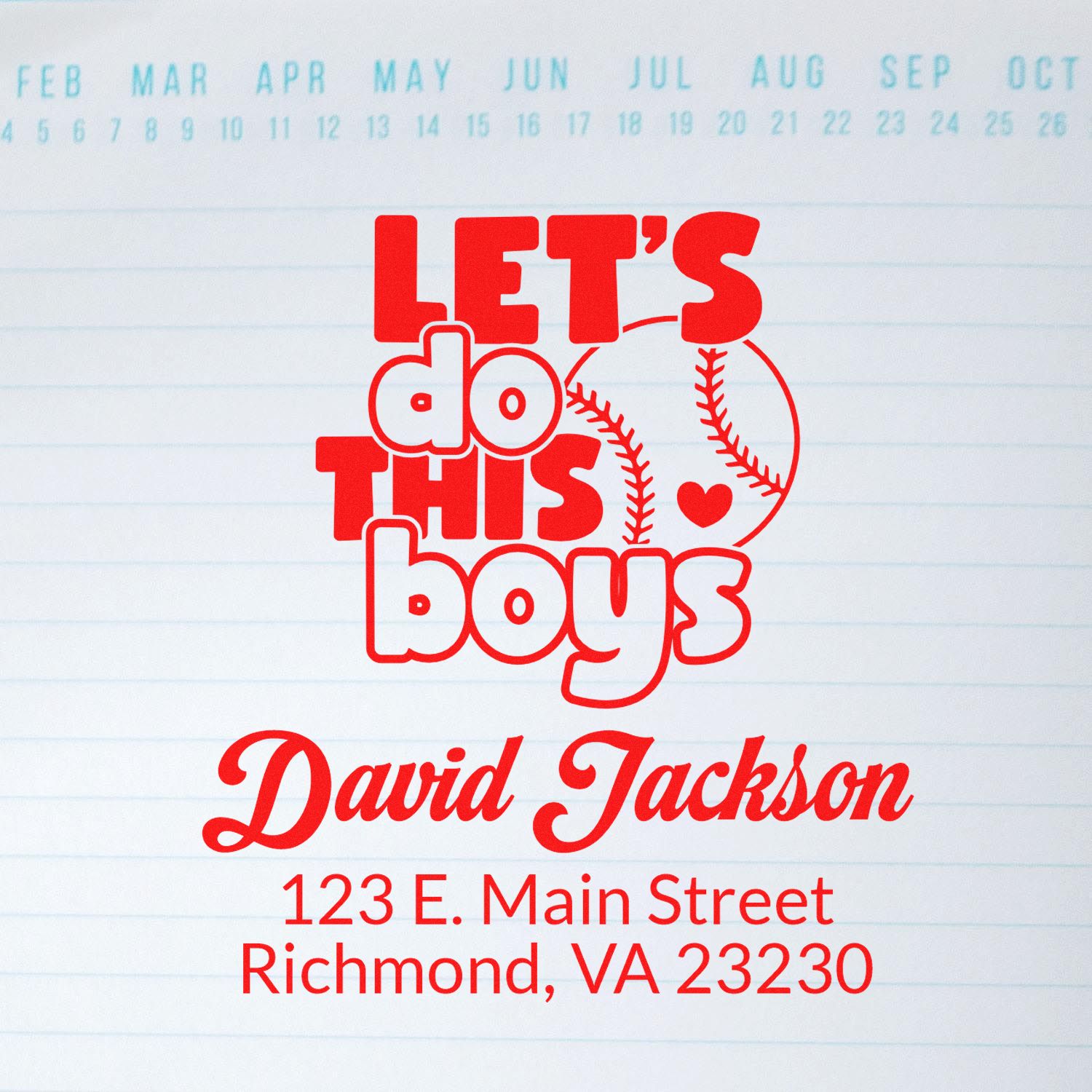 Custom baseball-themed return address rubber stamp for David Jackson with Lets Do This Boys design, Richmond, VA address.