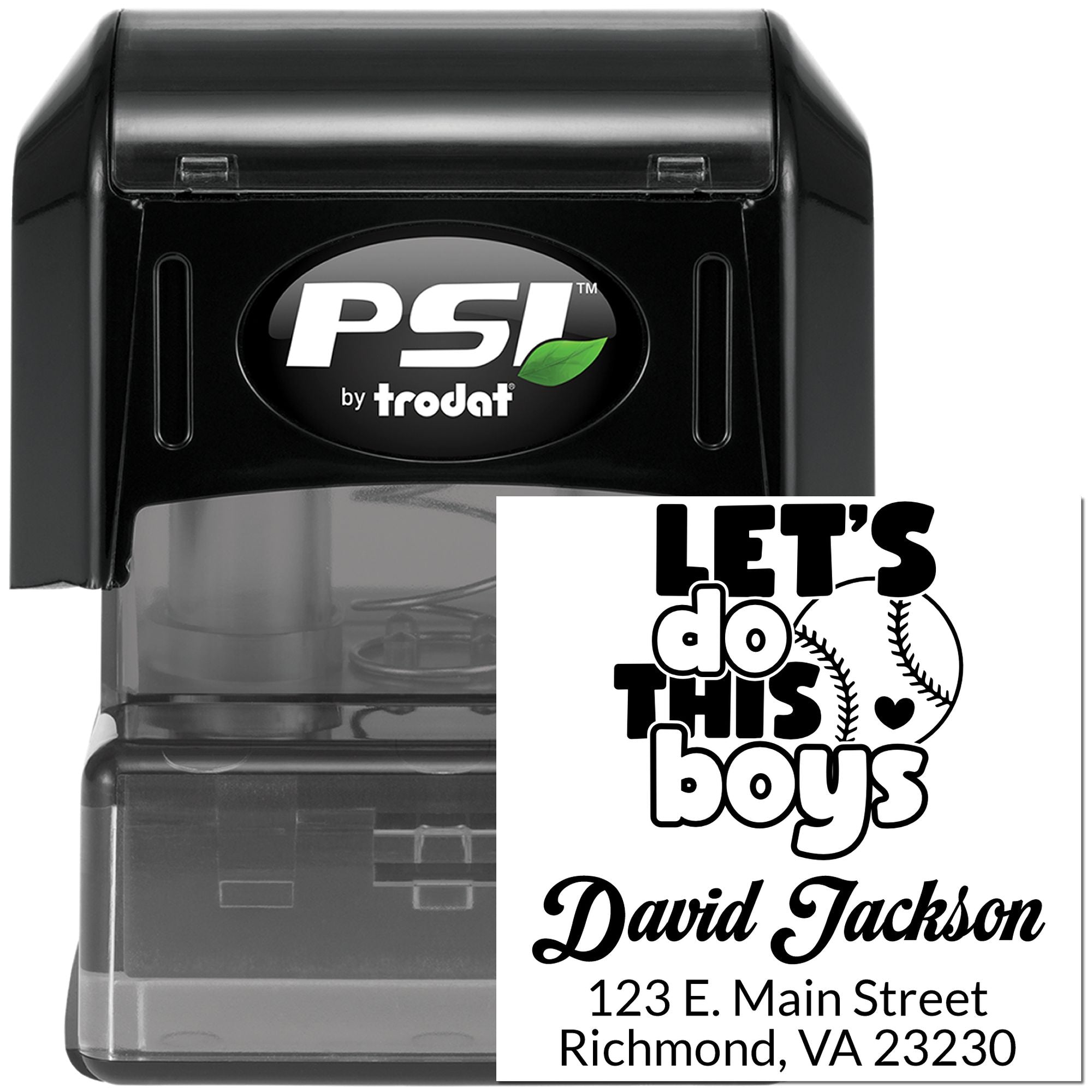 PSI by Trodat self-inking rubber stamp with custom baseball design, Lets do this boys text, name and address imprint.