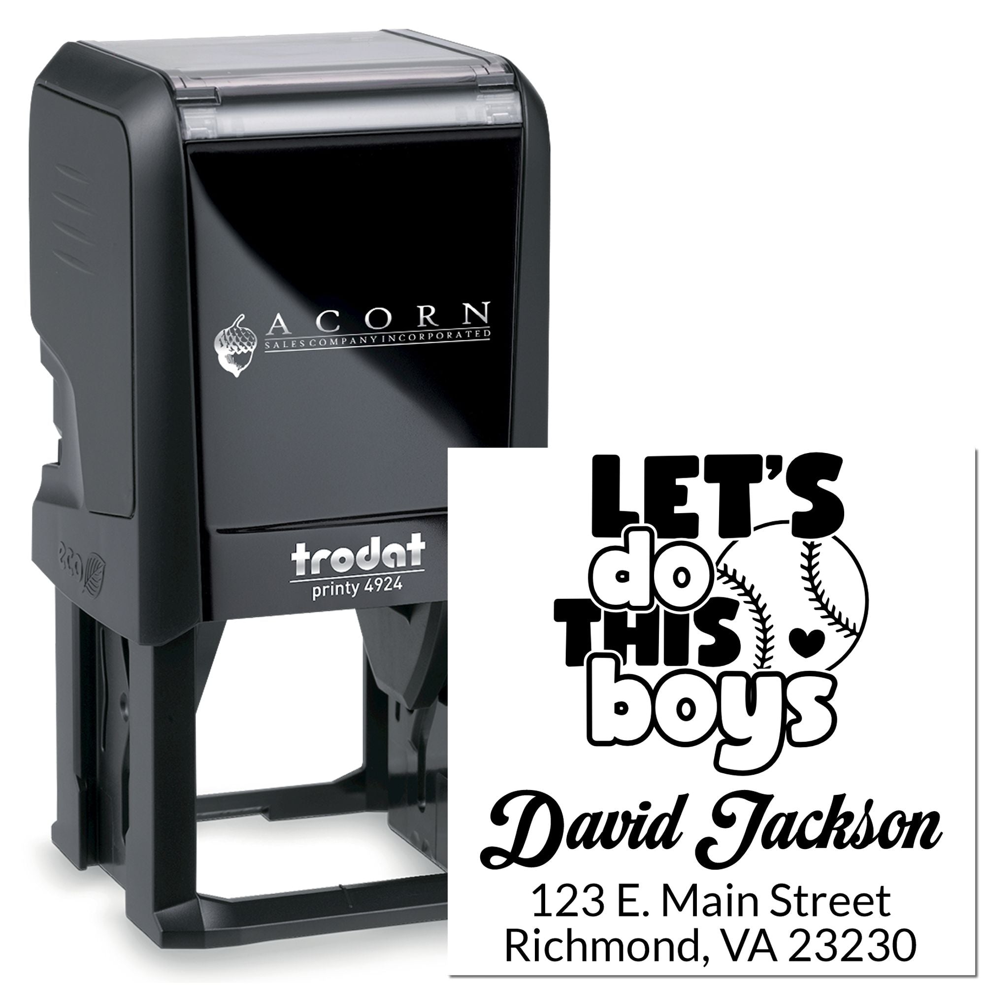 Trodat Printy 4924 custom self-inking rubber stamp with baseball Lets do this boys design, name, and address