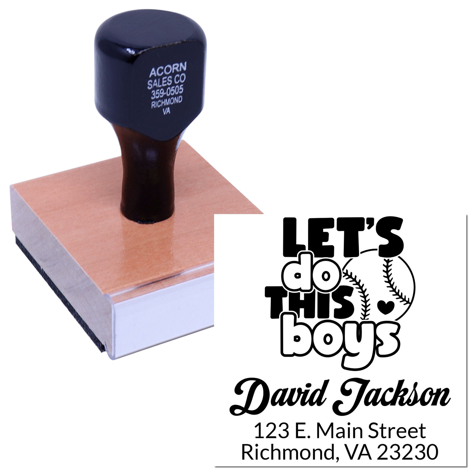 Custom baseball rubber stamp with Lets do this boys design, personalized with name and Richmond, VA address.