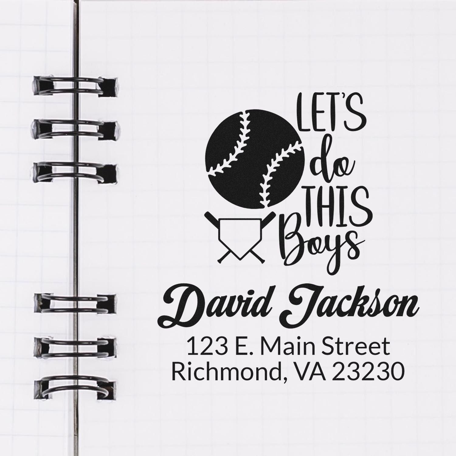 Personalized baseball rubber stamp with Lets Do This Boys, player name, and address for team stationery or packaging.