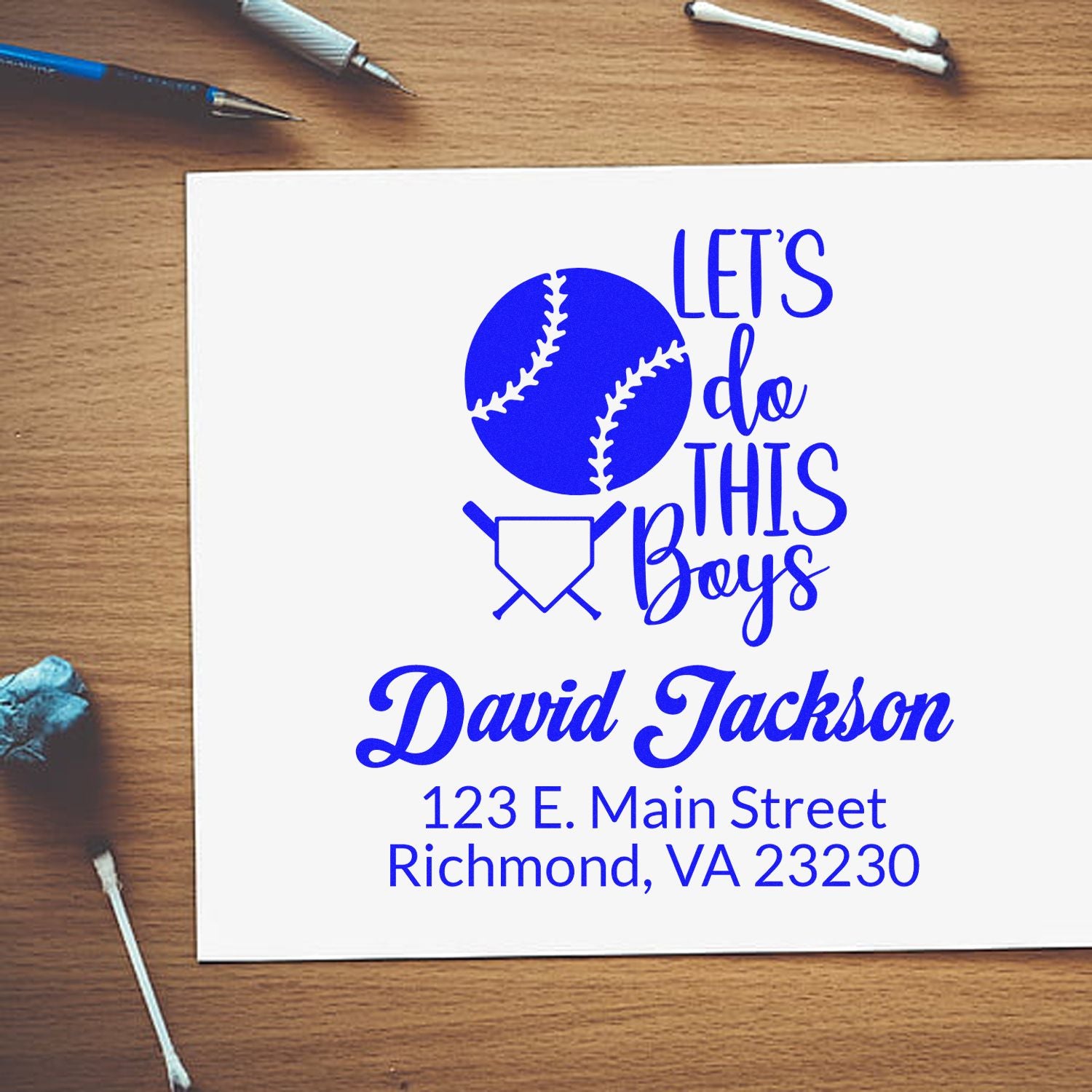 Custom baseball rubber stamp with Lets Do This Boys slogan, name, and address for youth team stationery.