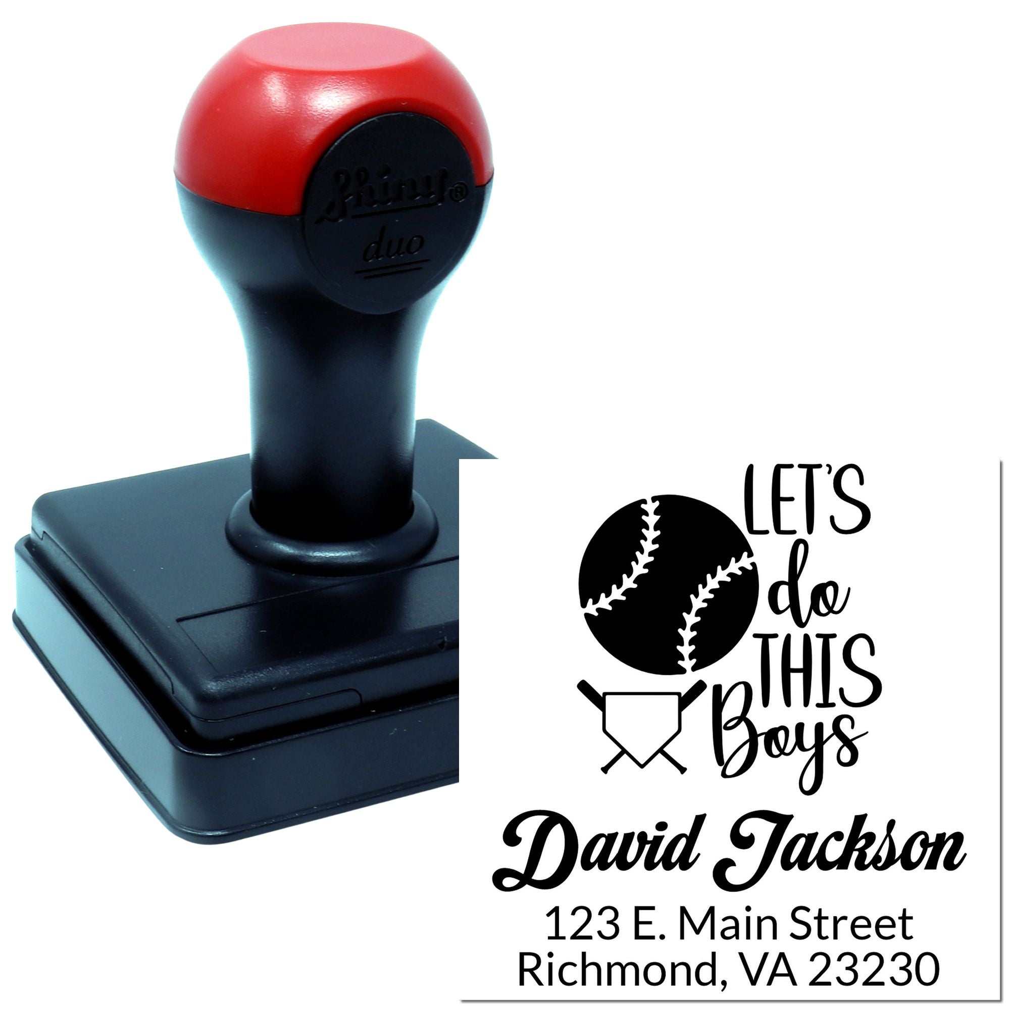 Custom baseball self-inking rubber stamp with Lets Do This Boys design and personalized name and address impression.
