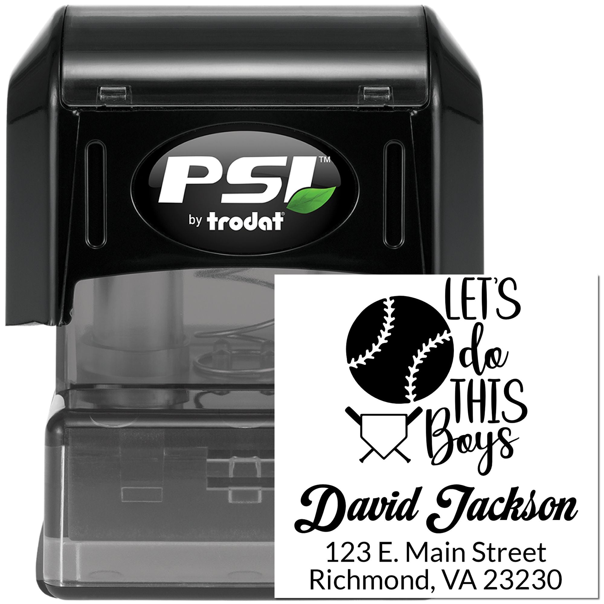 Custom self-inking baseball rubber stamp by PSI by Trodat for personalized name, address and sports-themed mailings.