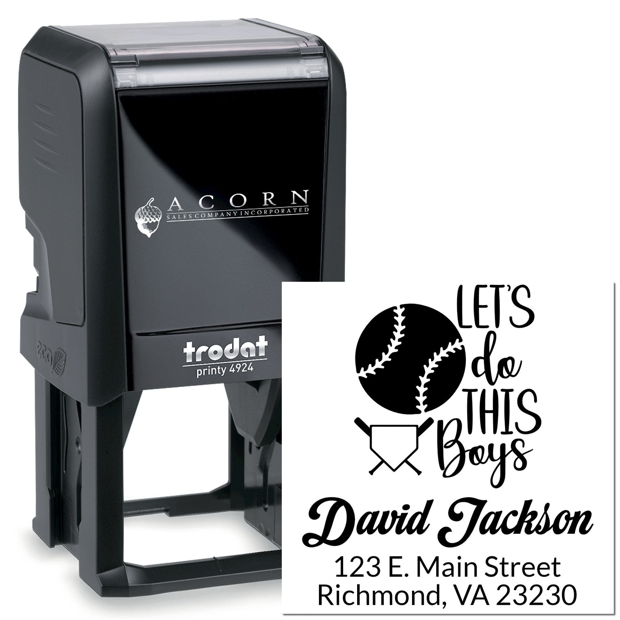 Trodat custom self-inking rubber stamp with baseball design and return address for David Jackson, ideal for sports stationery.