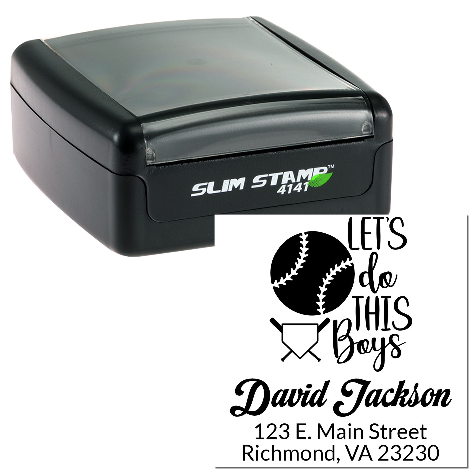 Slim Stamp 4141 custom self-inking rubber stamp with baseball-themed return address imprint for David Jackson.