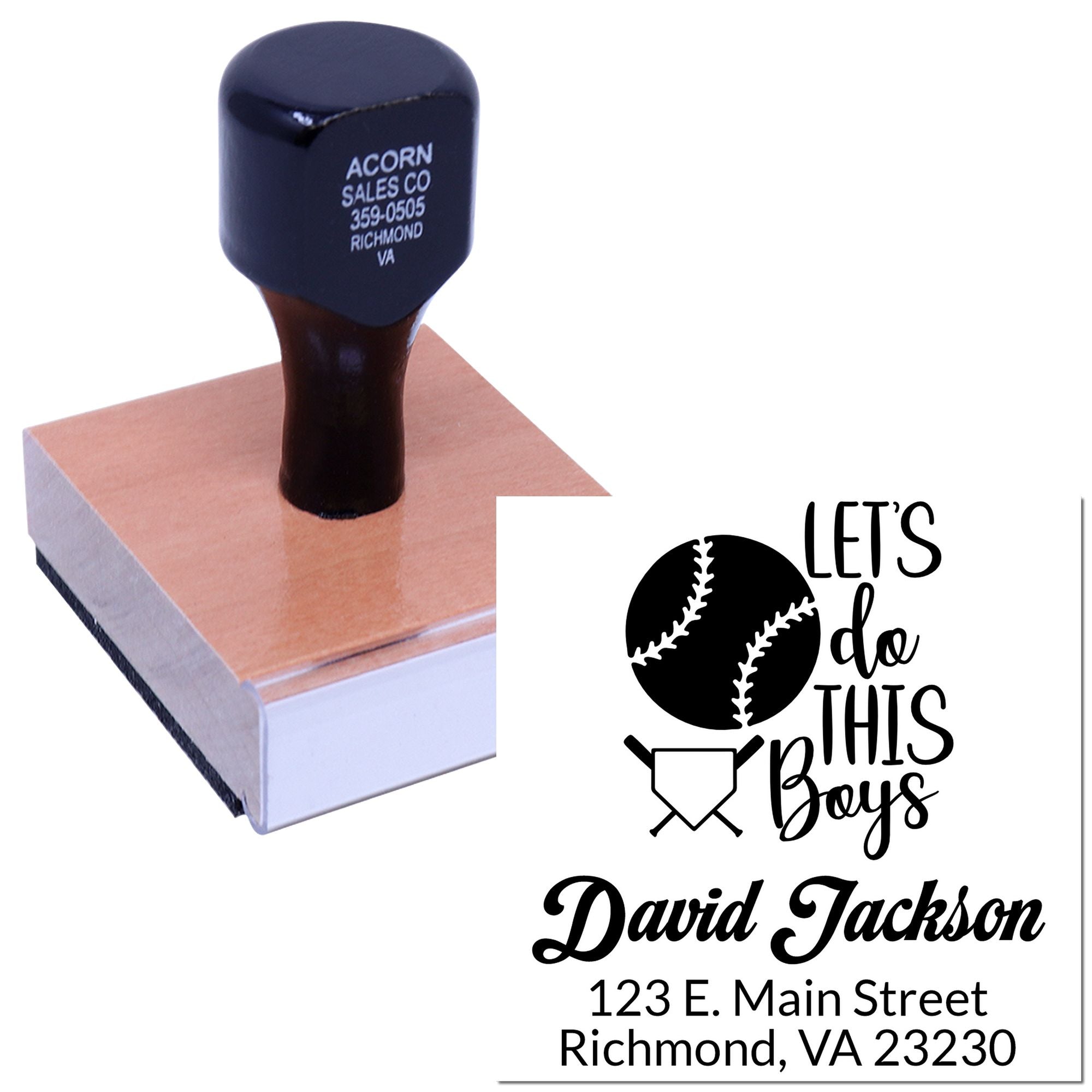 Custom baseball rubber stamp featuring personalized name and return address for sports-themed mail and stationery.