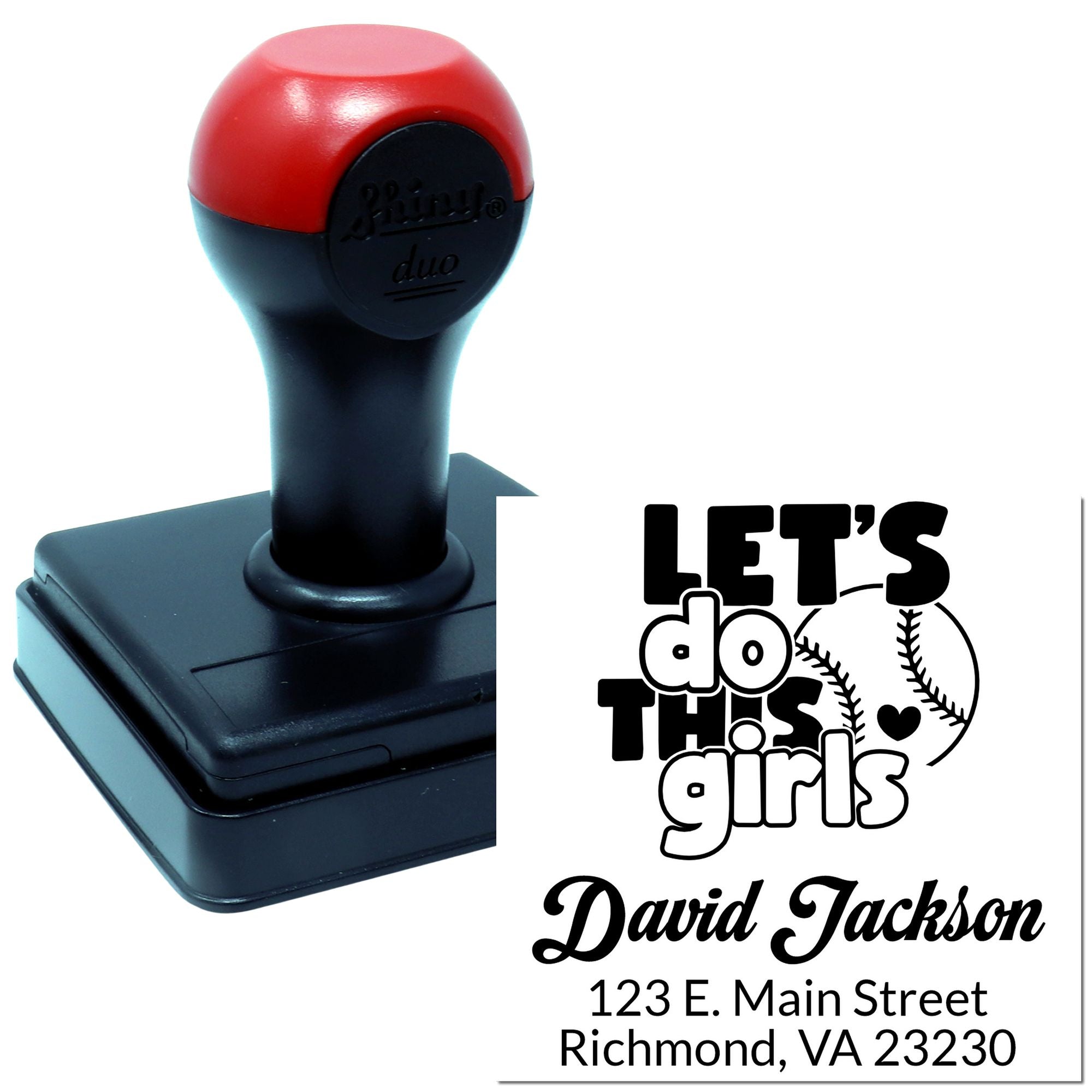Custom self-inking rubber stamp with Lets Do This Girls baseball design, personalized name and address for team branding.