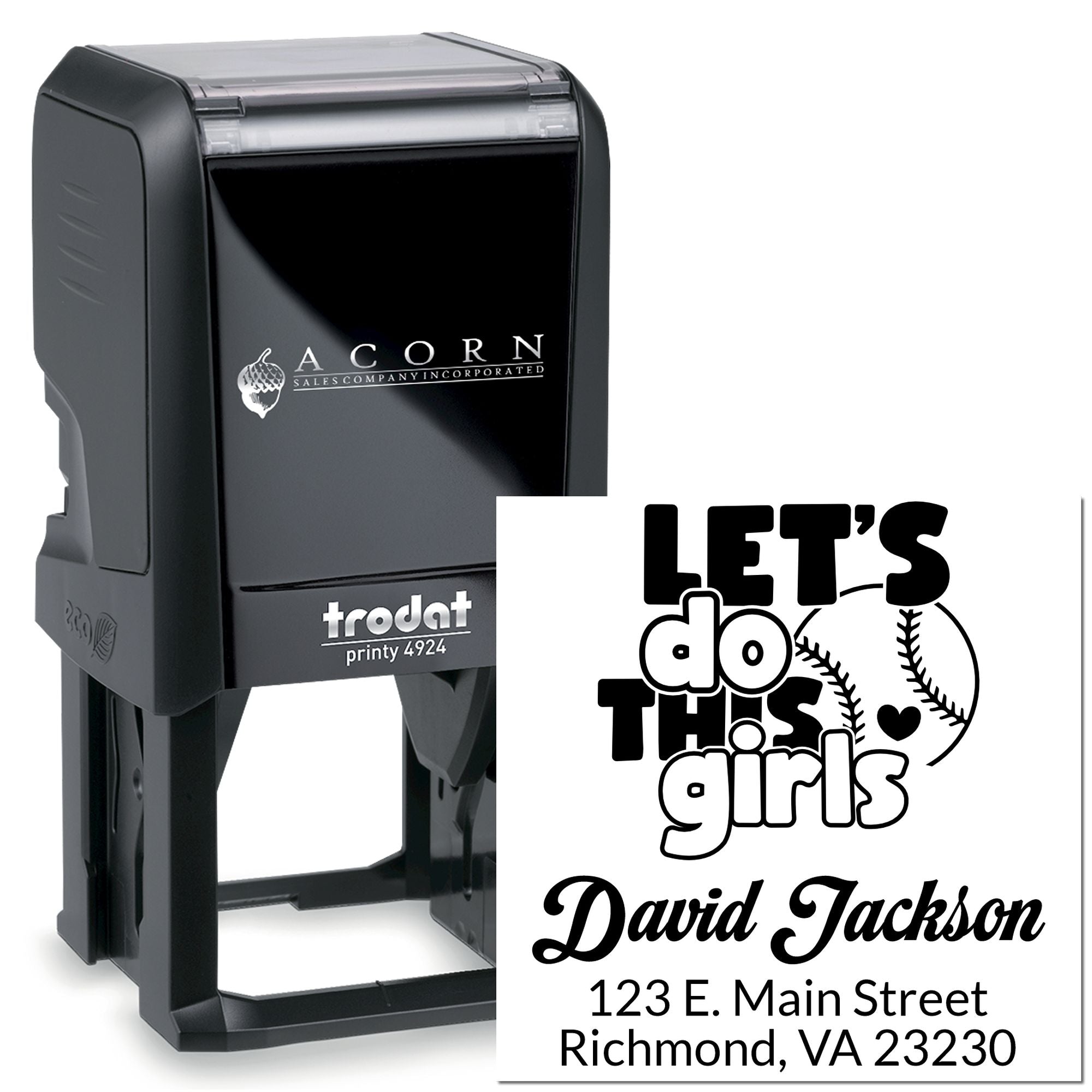 Personalized self-inking rubber stamp with Lets Do This Girls softball design, name, and address for custom use.