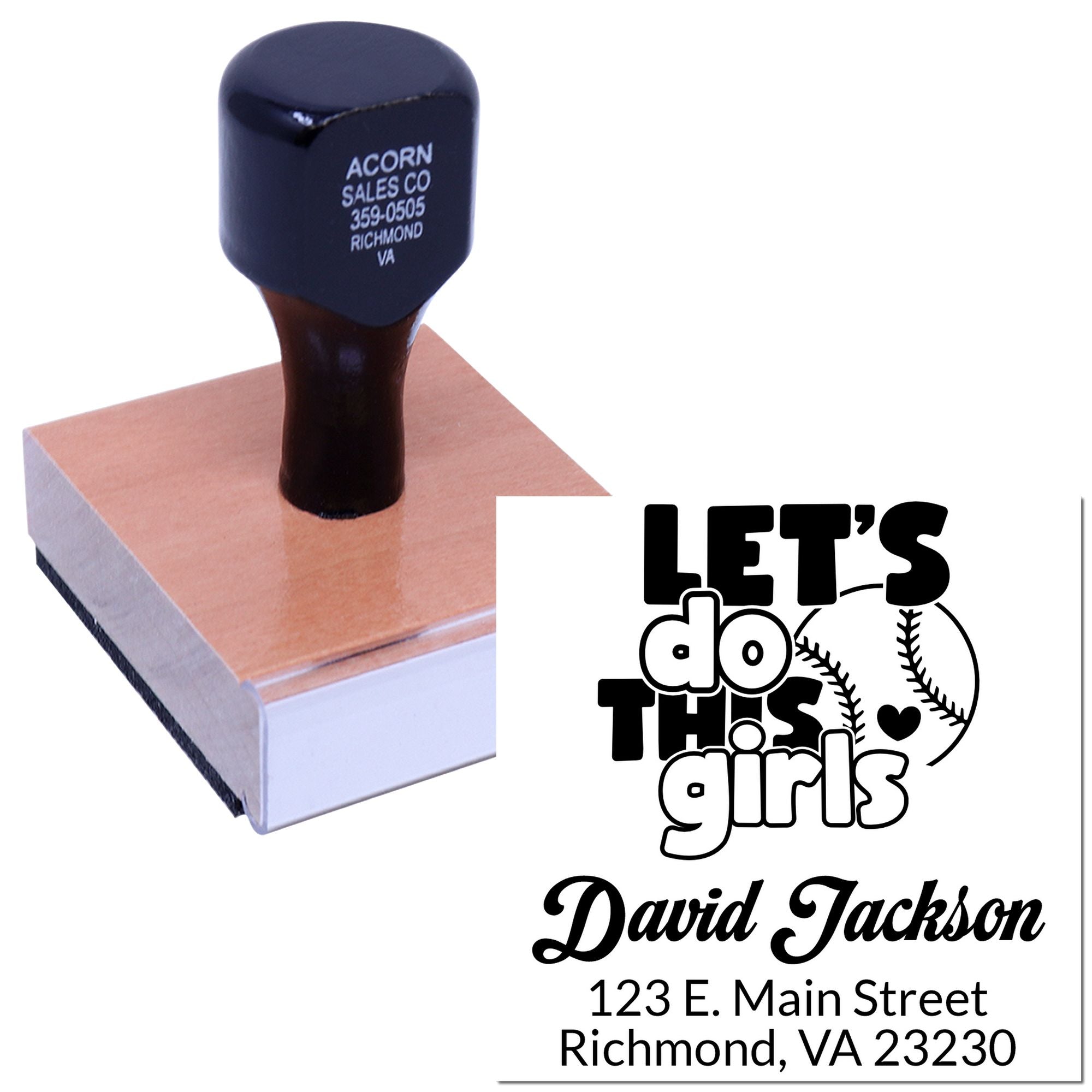 Custom rubber stamp with Lets do this girls baseball design, personalized name, and address for team or event use.