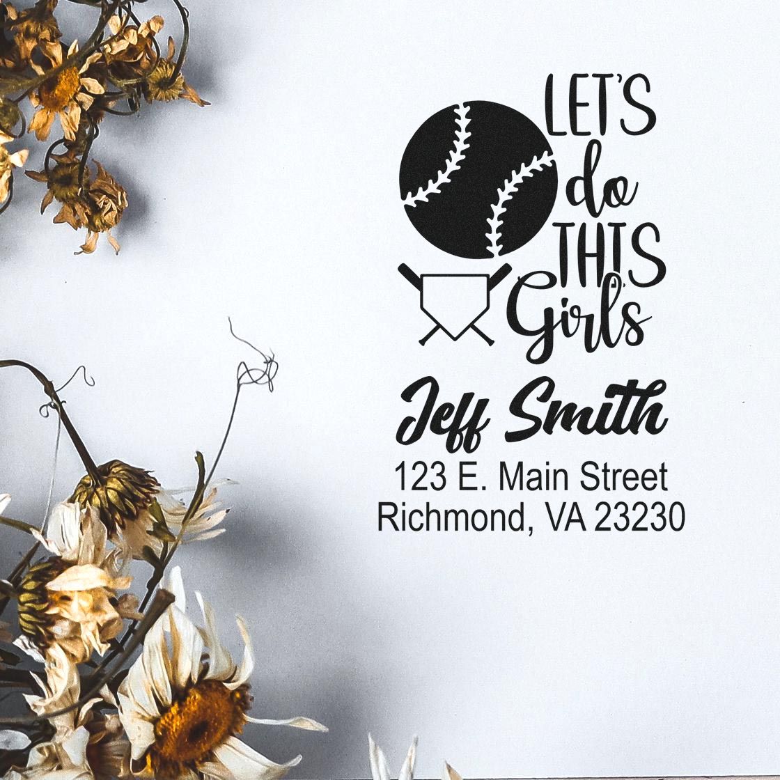 Custom baseball address rubber stamp with Lets do this girls design, Jeff Smith name, and Richmond, VA mailing details.