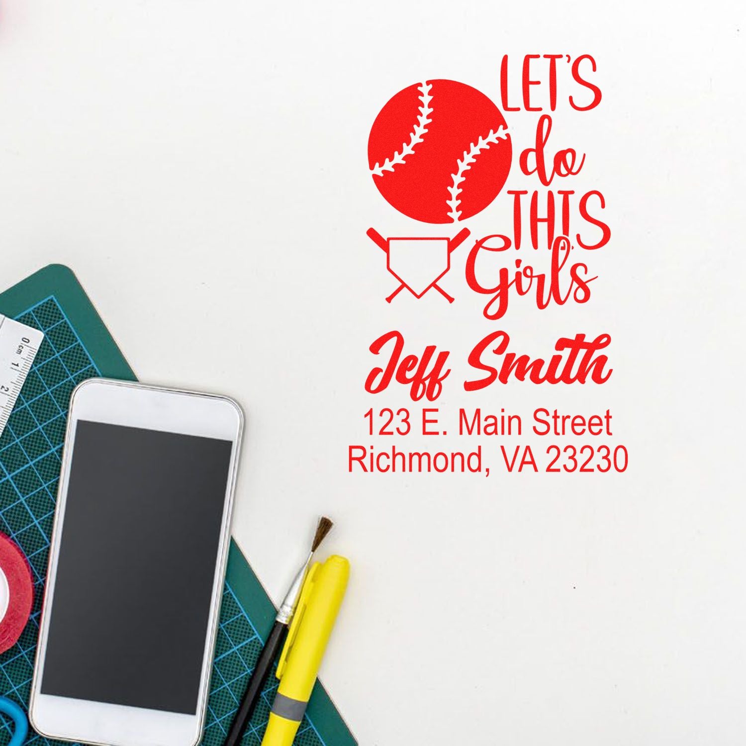 Custom baseball rubber stamp design with Lets Do This Girls, name, and address for a personalized sports stamp.
