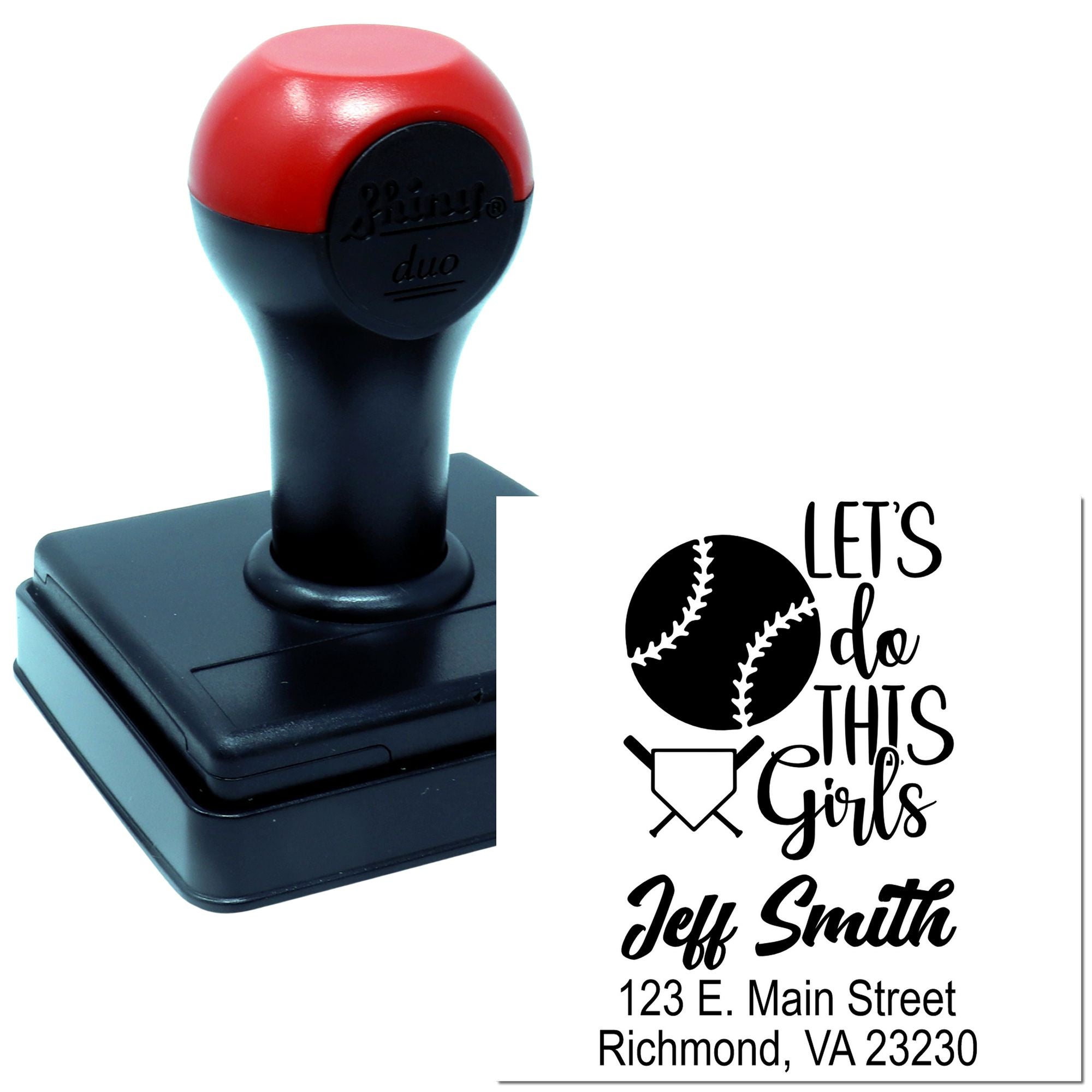 Custom self-inking rubber stamp with softball design, Lets do this Girls imprint, and personalized name and address for team use.