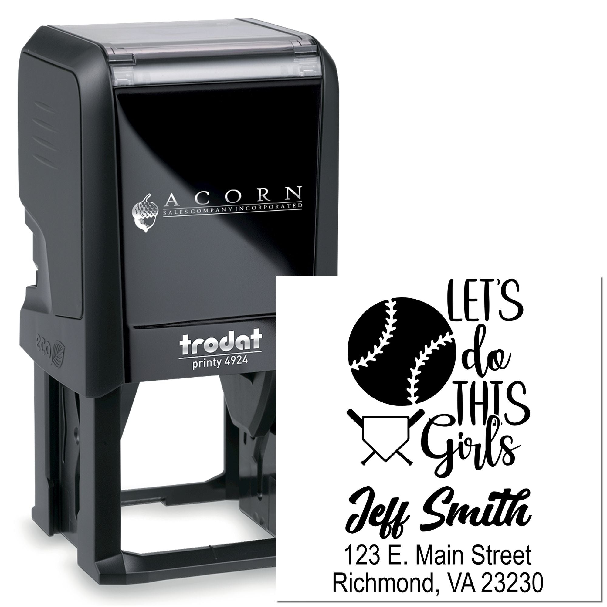 Trodat Printy 4924 self-inking rubber stamp with baseball design, personalized address, and team slogan for sports use.