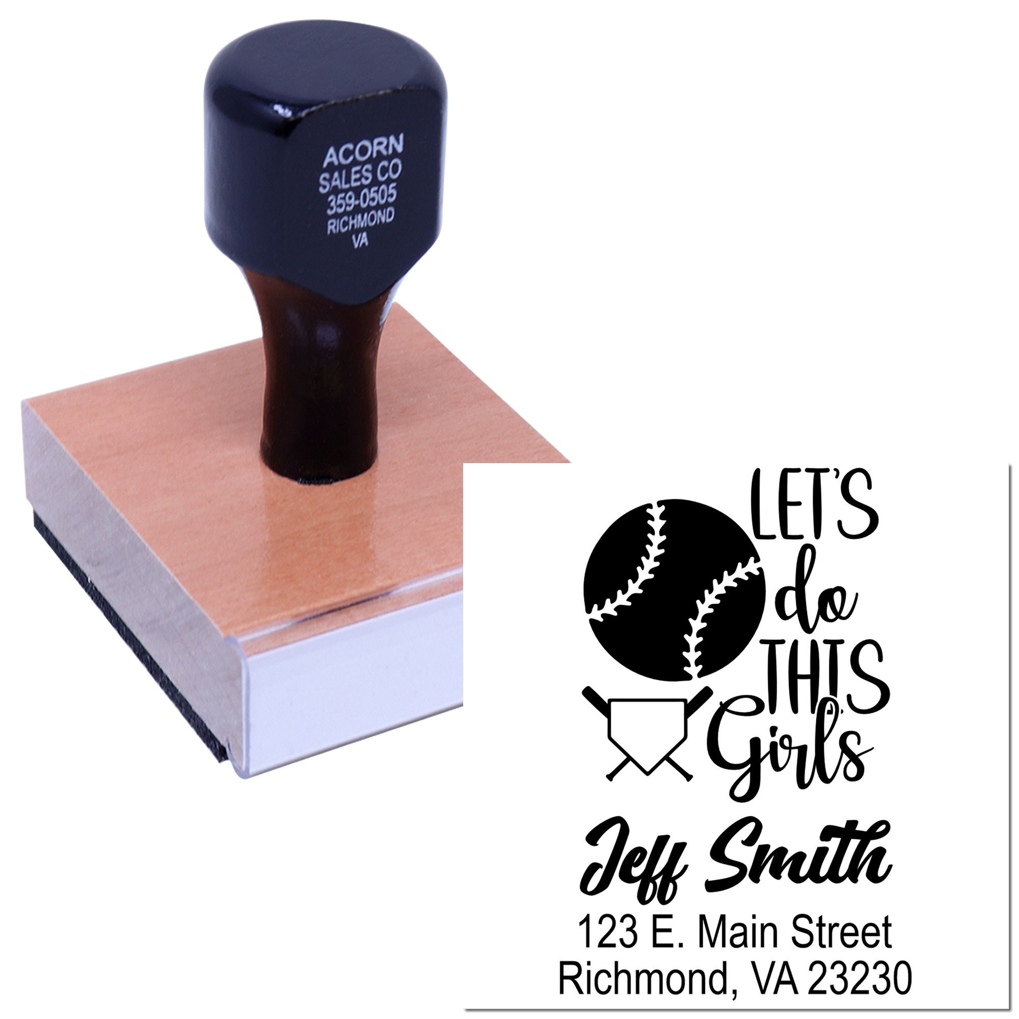 Custom self-inking return address stamp with baseball design and Lets Do This Girls personalization.