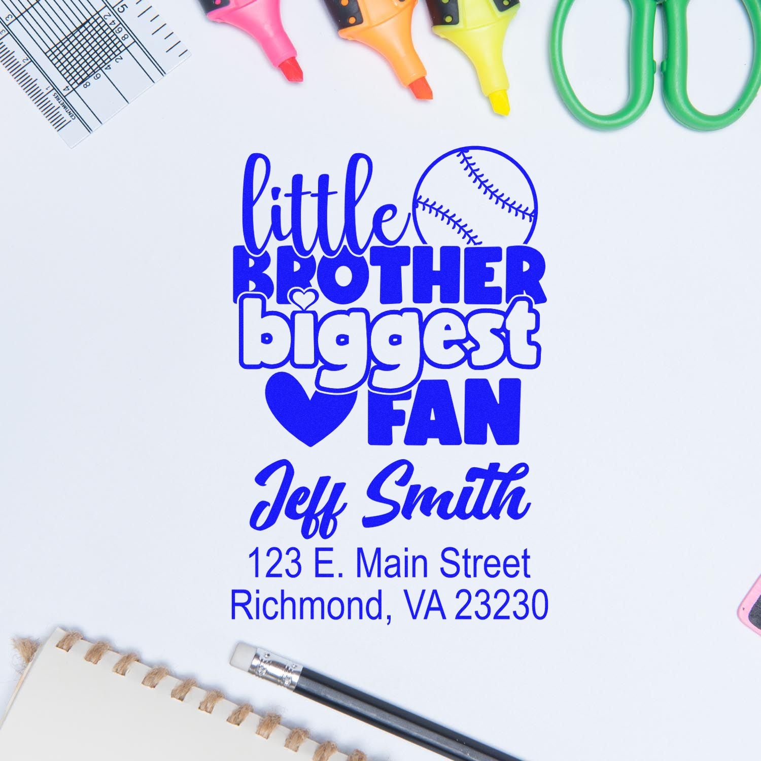 Custom rubber stamp for little brother biggest fan, personalized with baseball design, Jeff Smith, and Richmond, VA address.