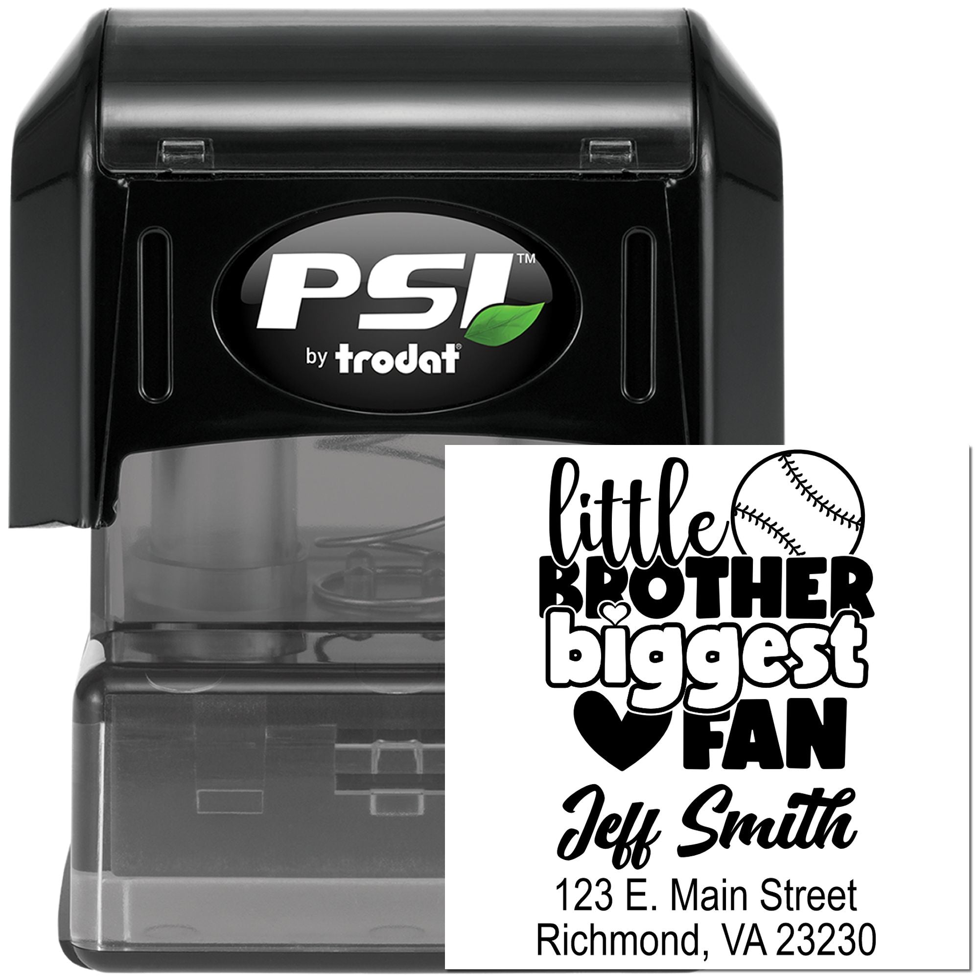 Custom self-inking rubber stamp with Little Brother Biggest Fan baseball design for Jeff Smith by Trodat PSI.