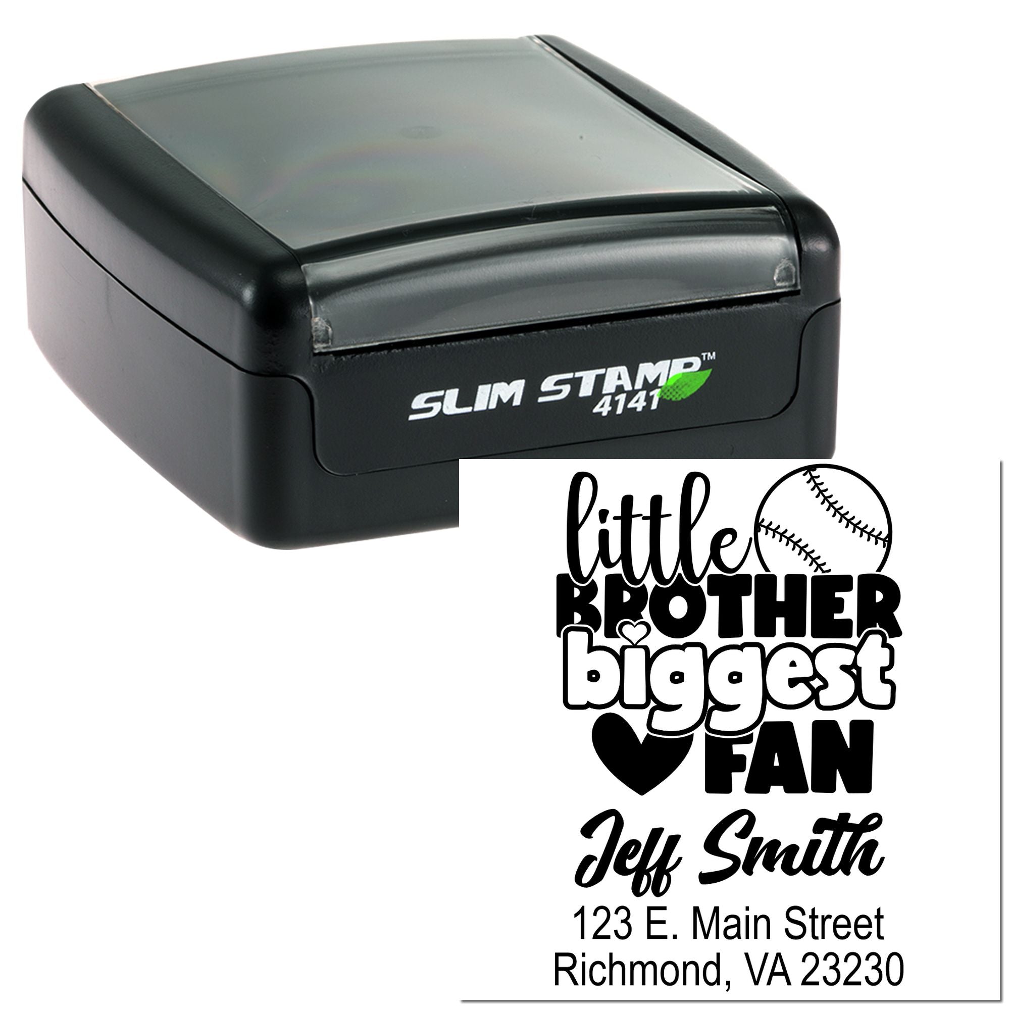 Custom self-inking rubber stamp with Little Brother Biggest Fan design, name and address imprint, Slim Stamp 4141.