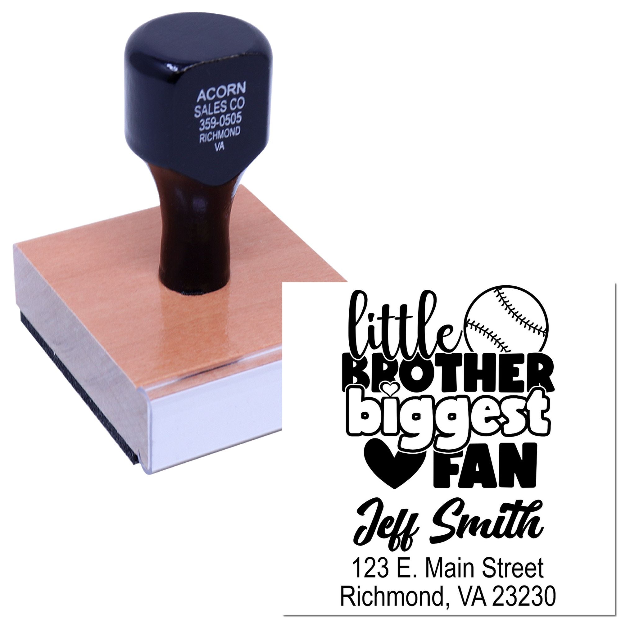 Personalized rubber stamp featuring Little Brother Biggest Fan baseball design and Jeff Smith address imprint
