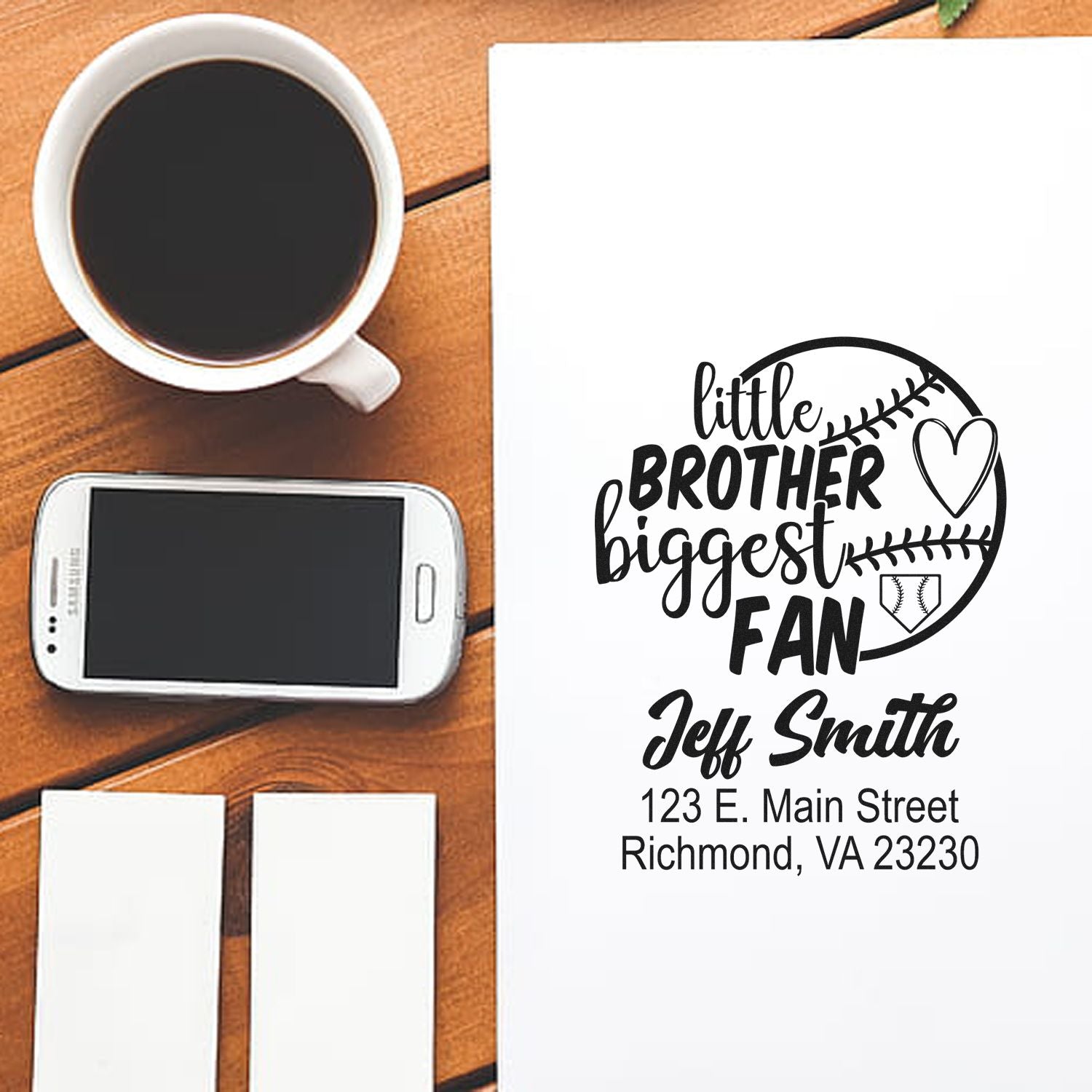 Personalized custom rubber stamp with Little Brother Biggest Fan baseball design and return address for Jeff Smith.