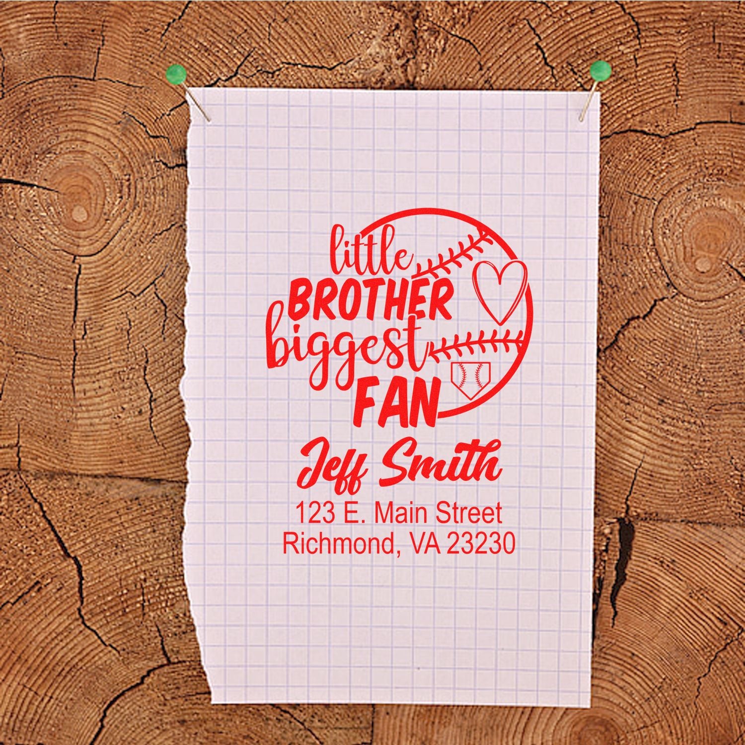 Personalized baseball return address rubber stamp for a little brothers biggest fan, with name and mailing address.
