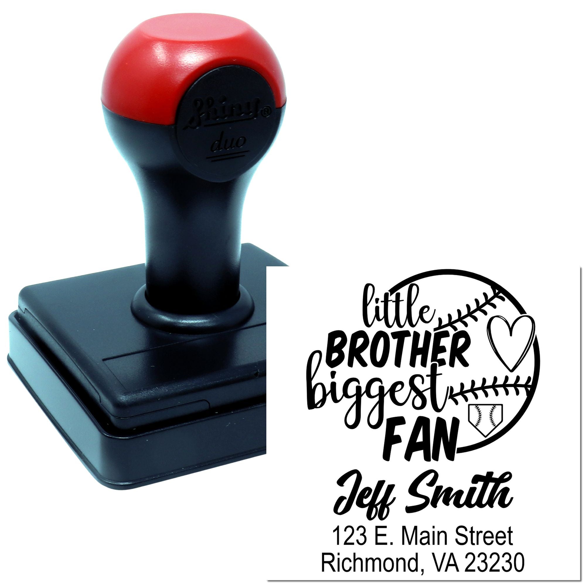Custom self-inking rubber stamp with baseball-themed Little Brother Biggest Fan return address design.