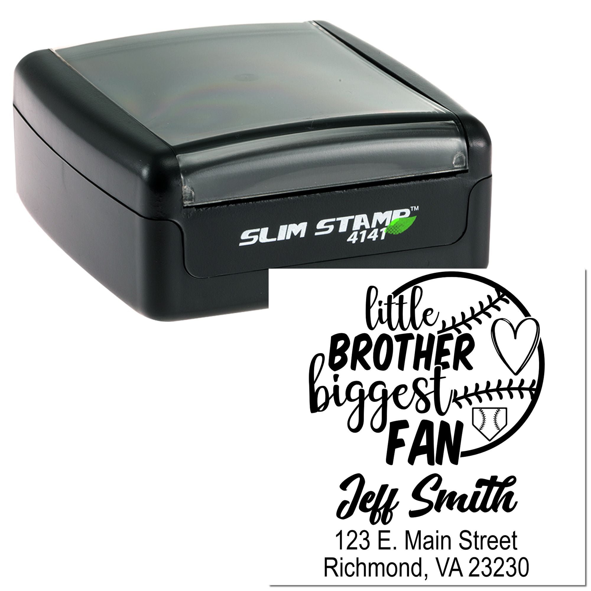 Custom baseball-themed self-inking rubber stamp featuring Little Brother Biggest Fan and personalized address.