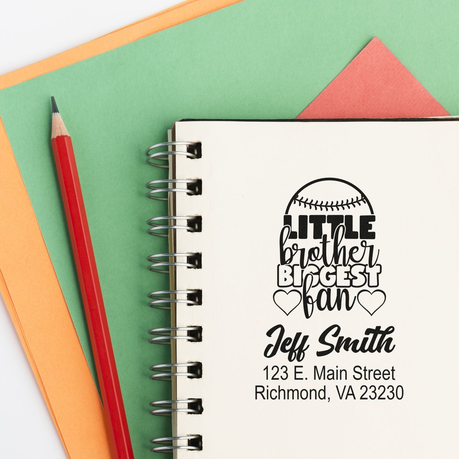 Custom rubber stamp imprint on notebook with Little Brother Biggest Fan baseball design, name, and address.