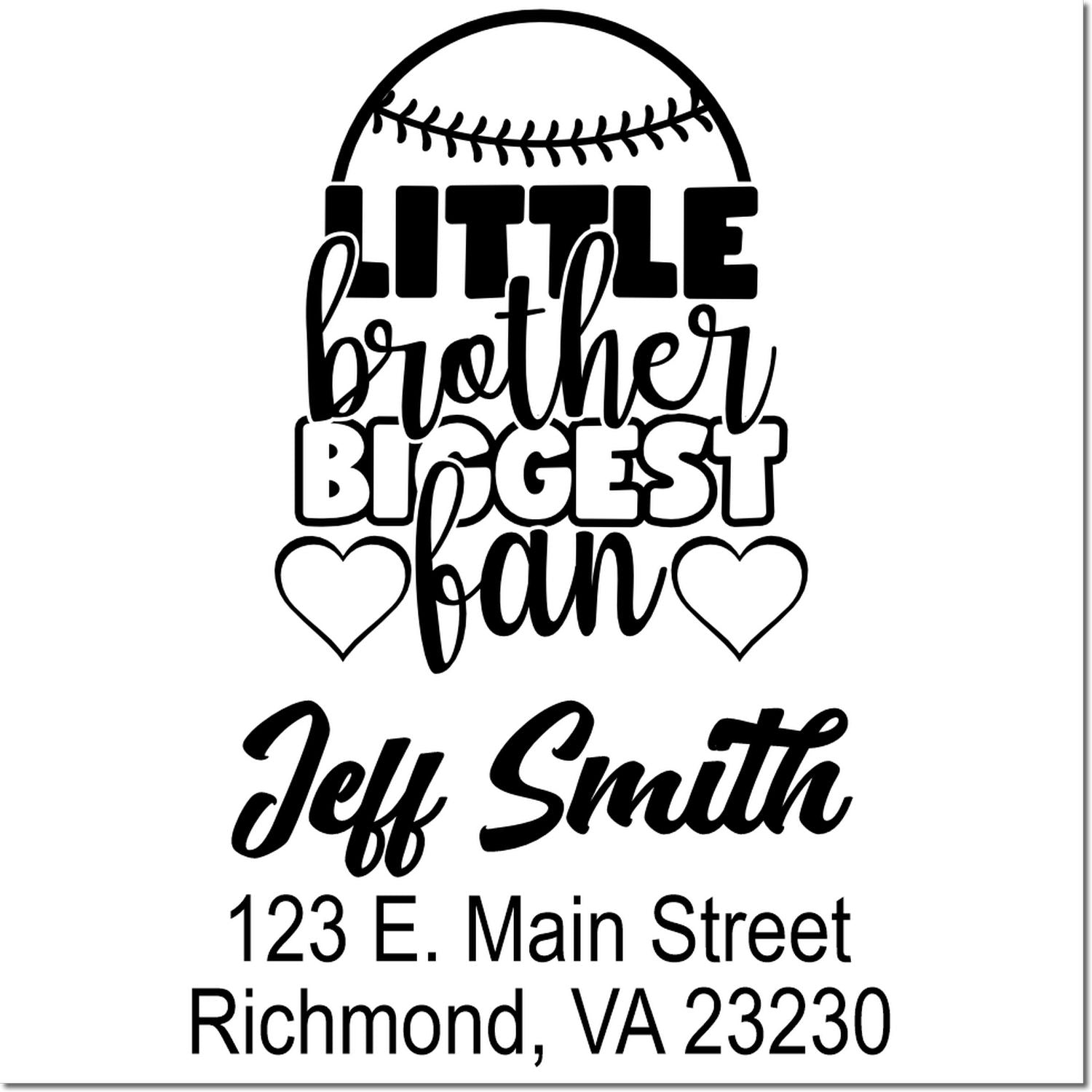 Custom return address stamp for Little Brother Biggest Fan with baseball design and Jeff Smith address.