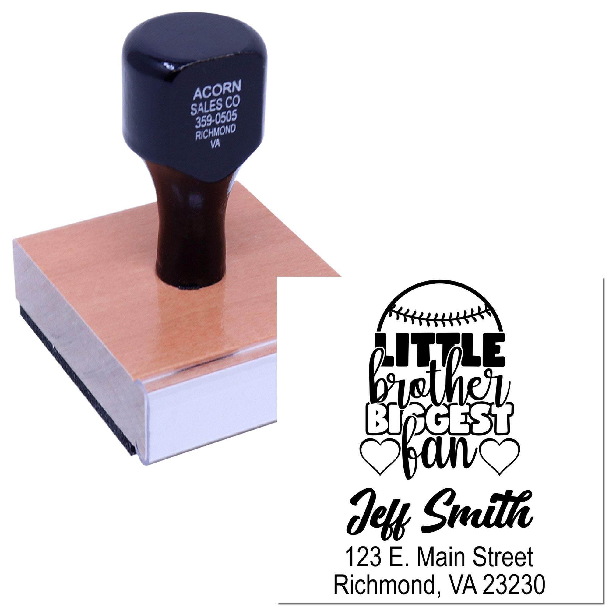 Custom baseball-themed rubber stamp for Little Brother Biggest Fan with name and address for personalized mail and gifts.