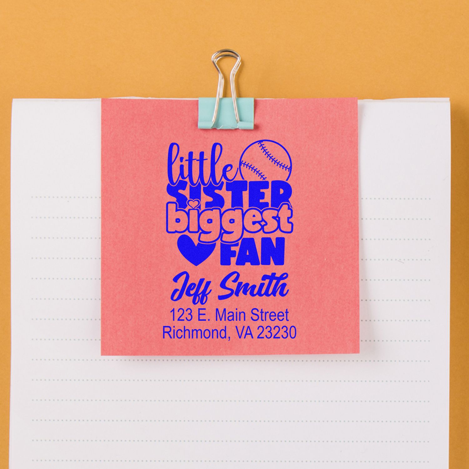 Personalized rubber stamp mockup for a baseball-themed Little Sister Biggest Fan custom address stamp gift.