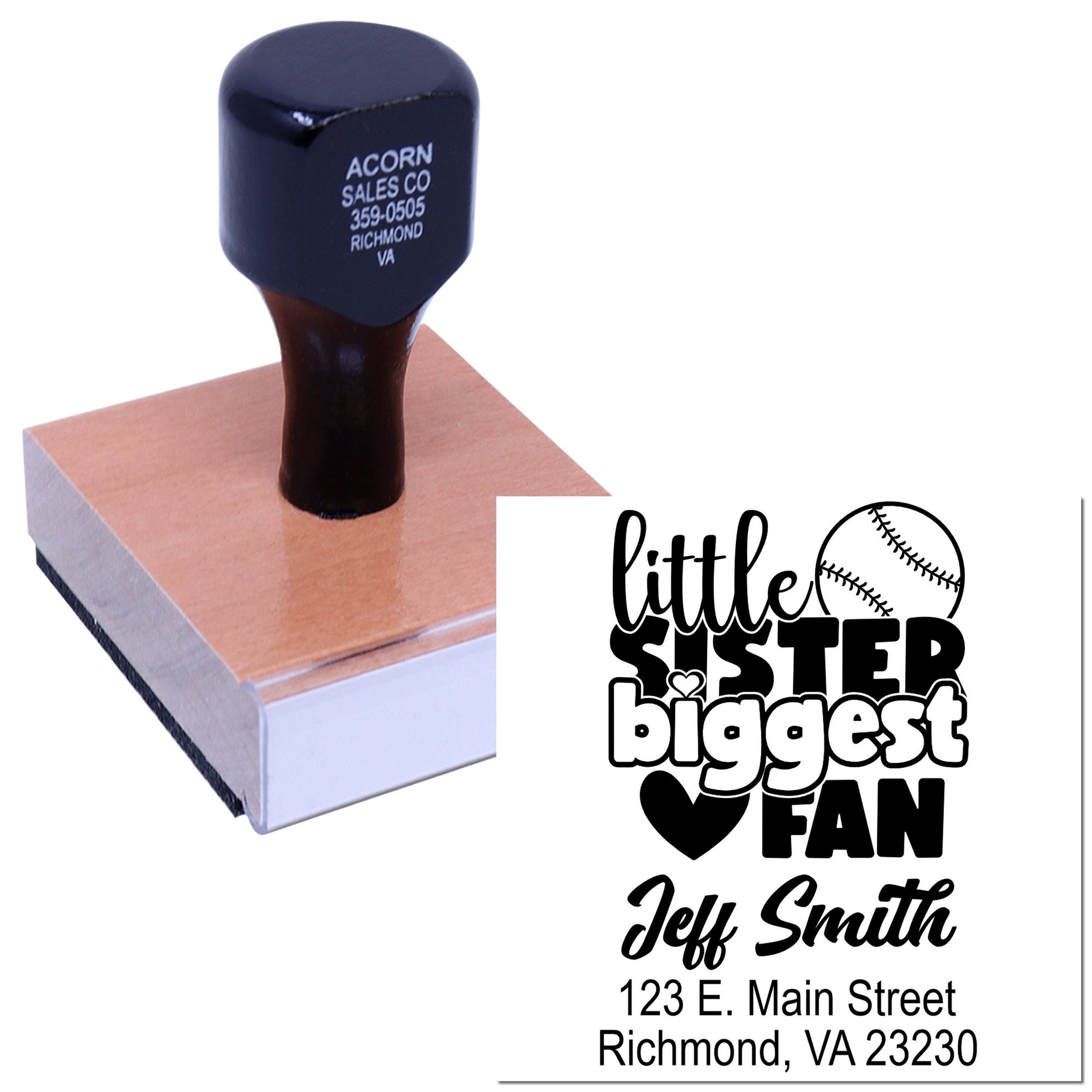 Personalized rubber stamp for Little Sister Biggest Fan with baseball design, name, and address.