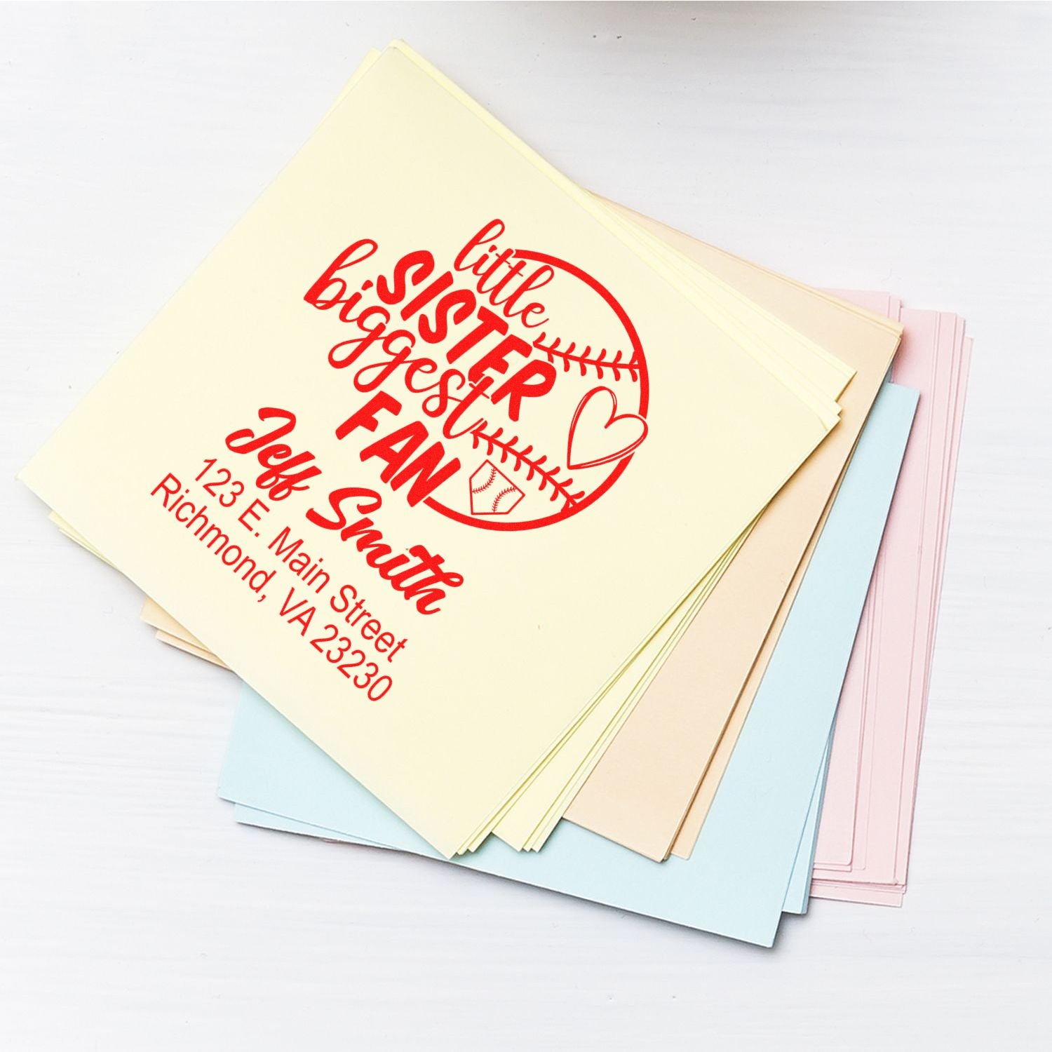 Custom rubber stamp with Little Sister Biggest Fan design for personalized stationery, cards, and crafts.