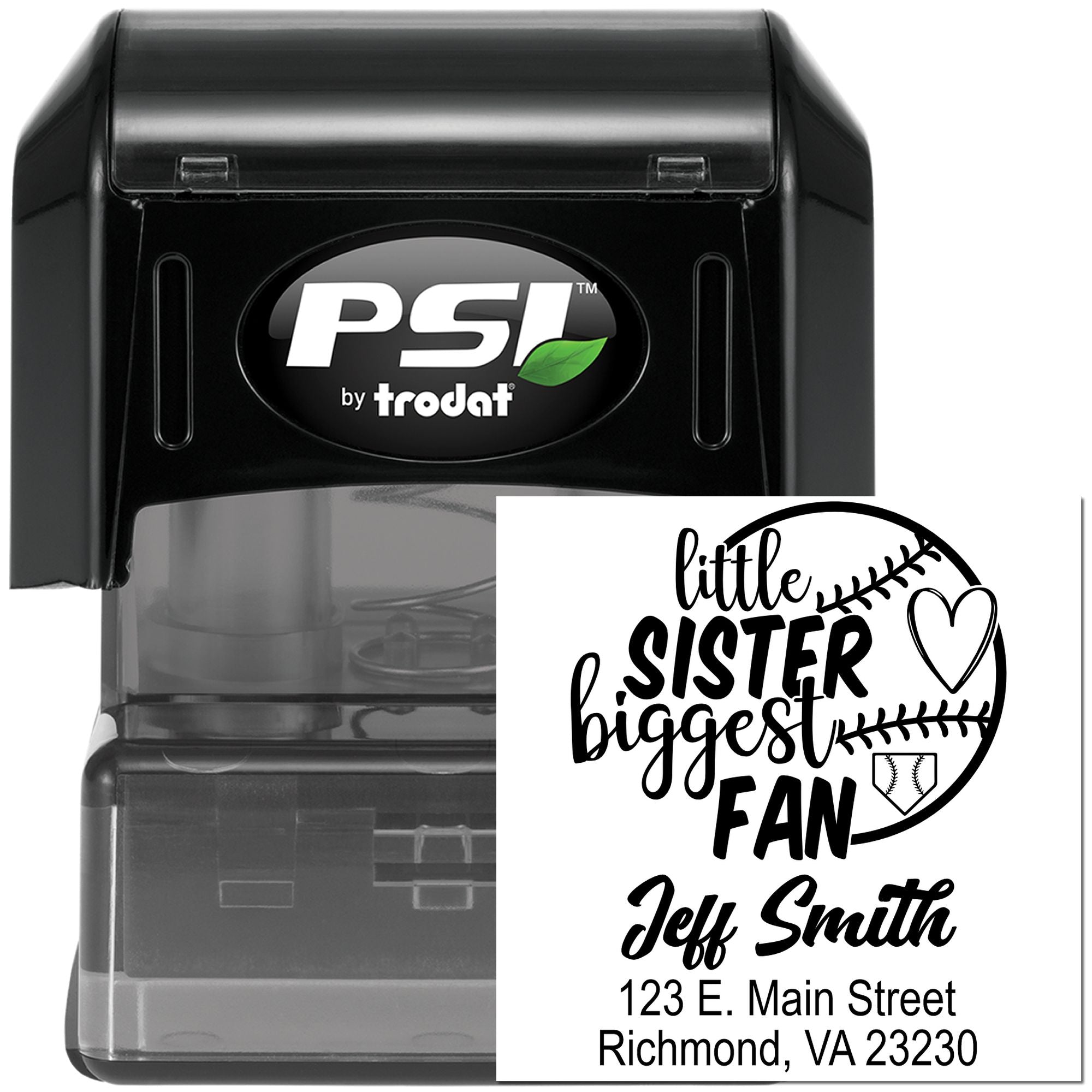 Custom self-inking rubber stamp for personalized mailing, featuring a baseball sister fan design with name and address.