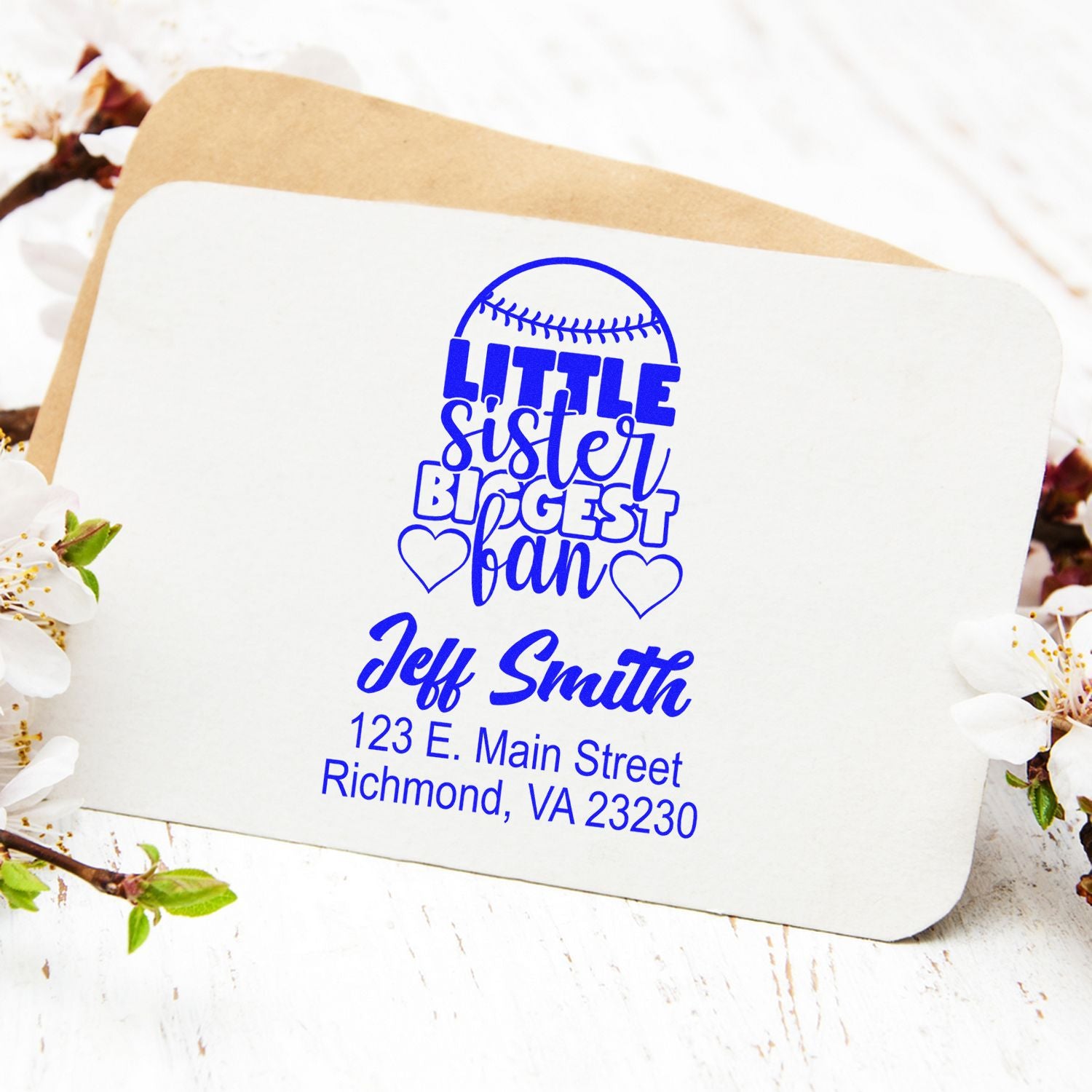 Personalized baseball-themed rubber stamp for a little sister, featuring Little Sister Biggest Fan and return address.