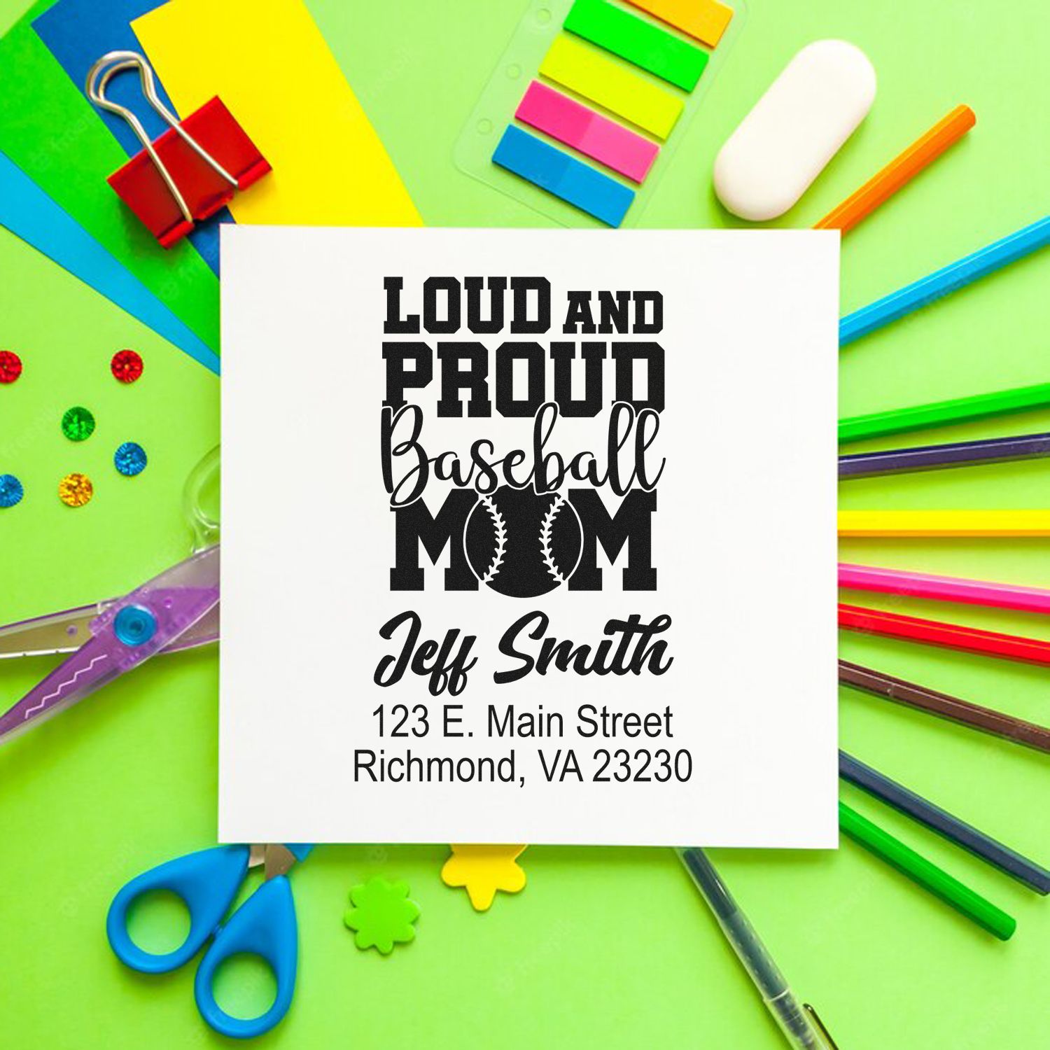 Loud and Proud Baseball Mom custom rubber stamp with personalized name and address for sports mailings and crafts.